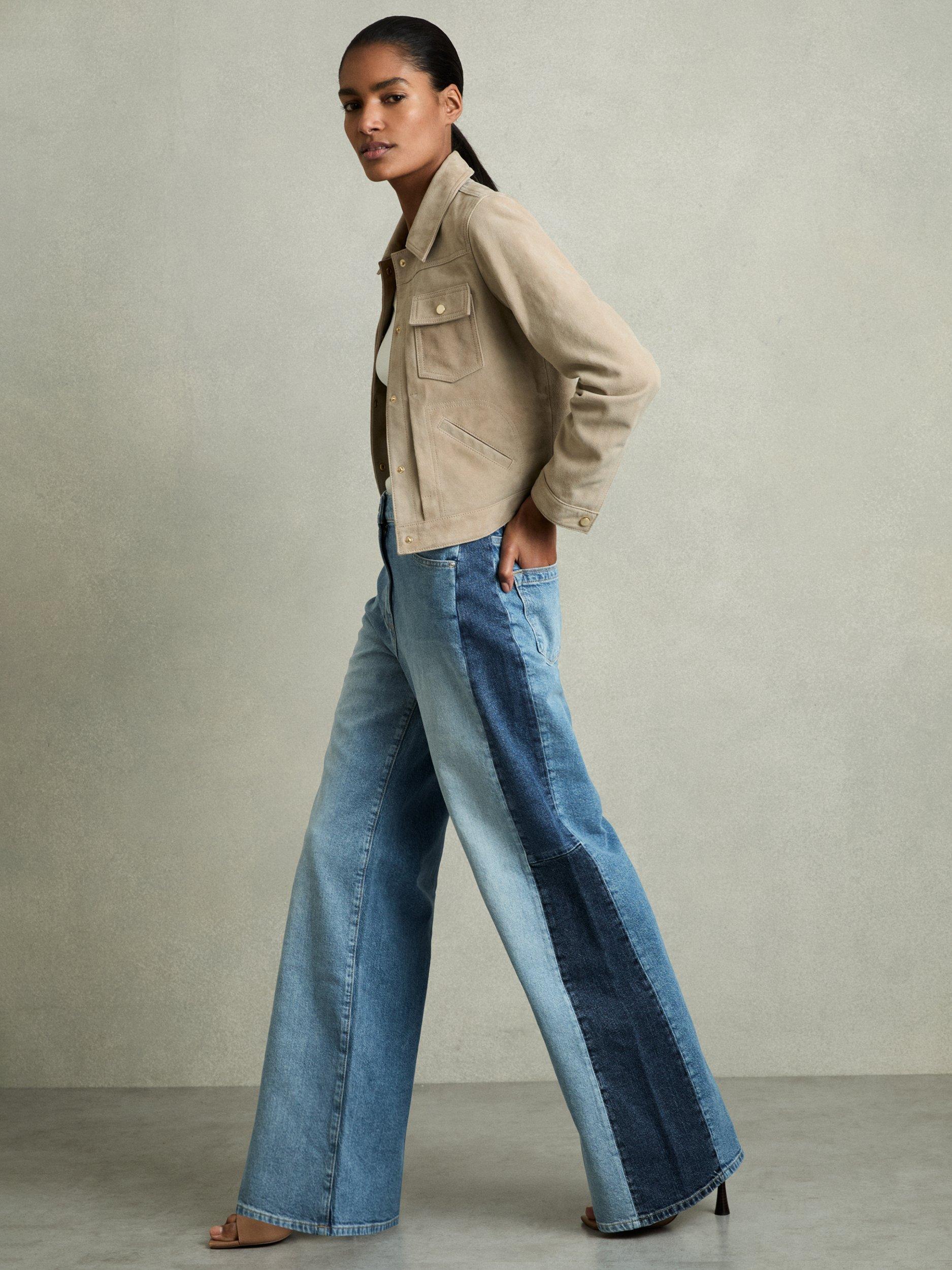 Product image 1 of 5, which shows Reiss Petite Briar Side Stripe Wide Leg Jeans, Blue/Multi, 26Pt