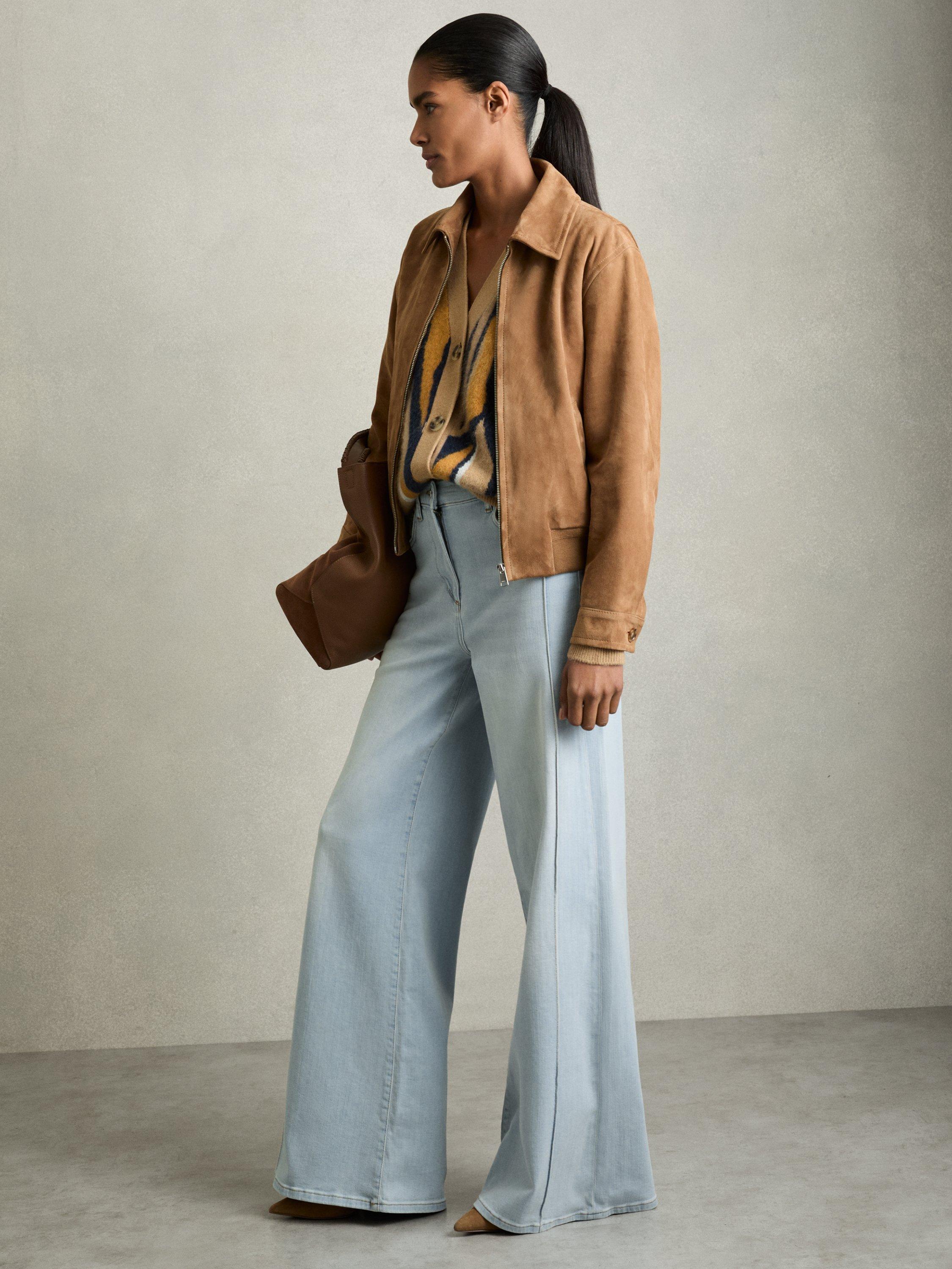 Product image 1 of 5, which shows Reiss Heather Mid Rise Loose Wide Leg Jeans, Light Blue, 24R