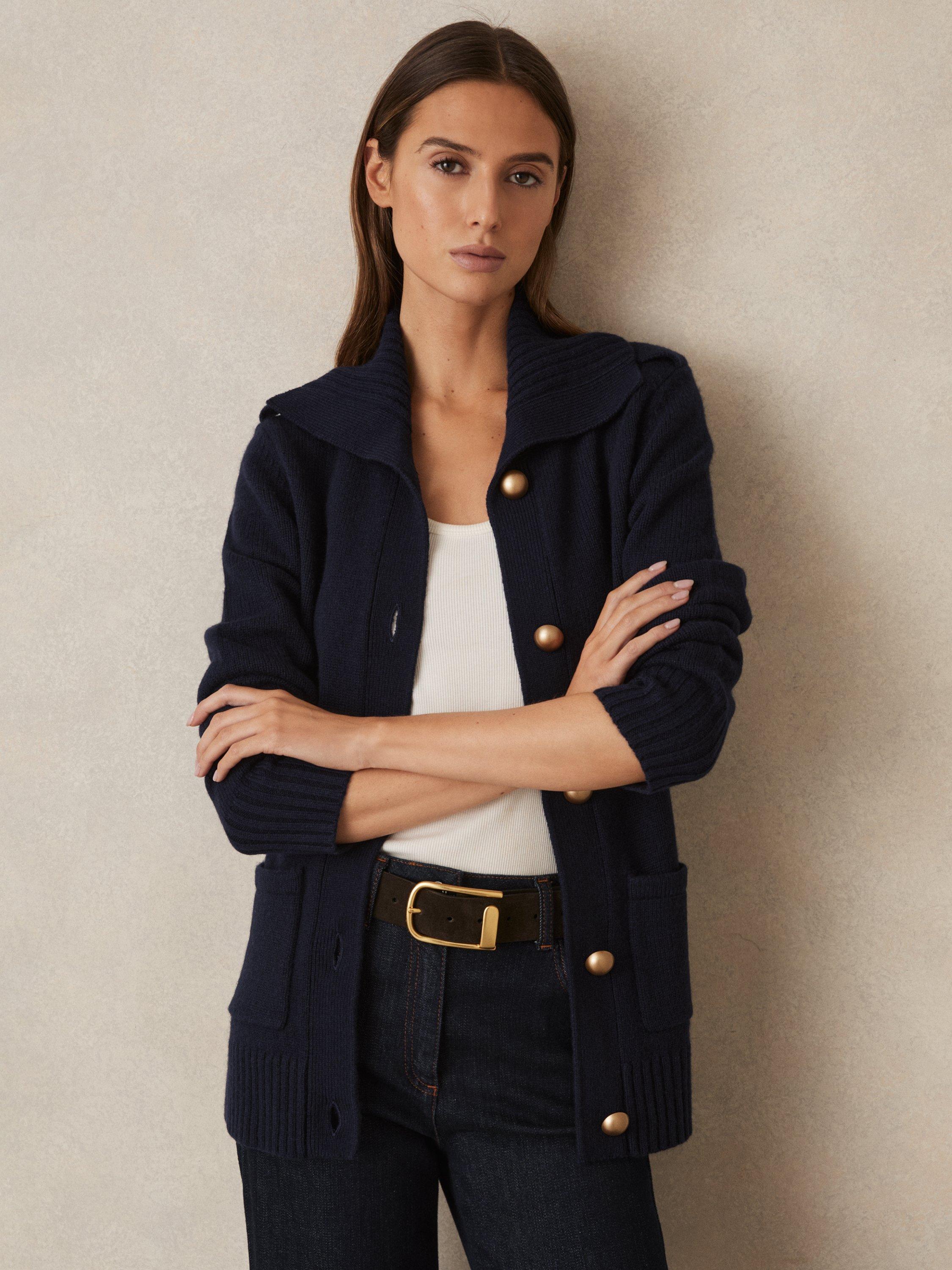 Reiss Cat Wool Rich Cardigan, Navy