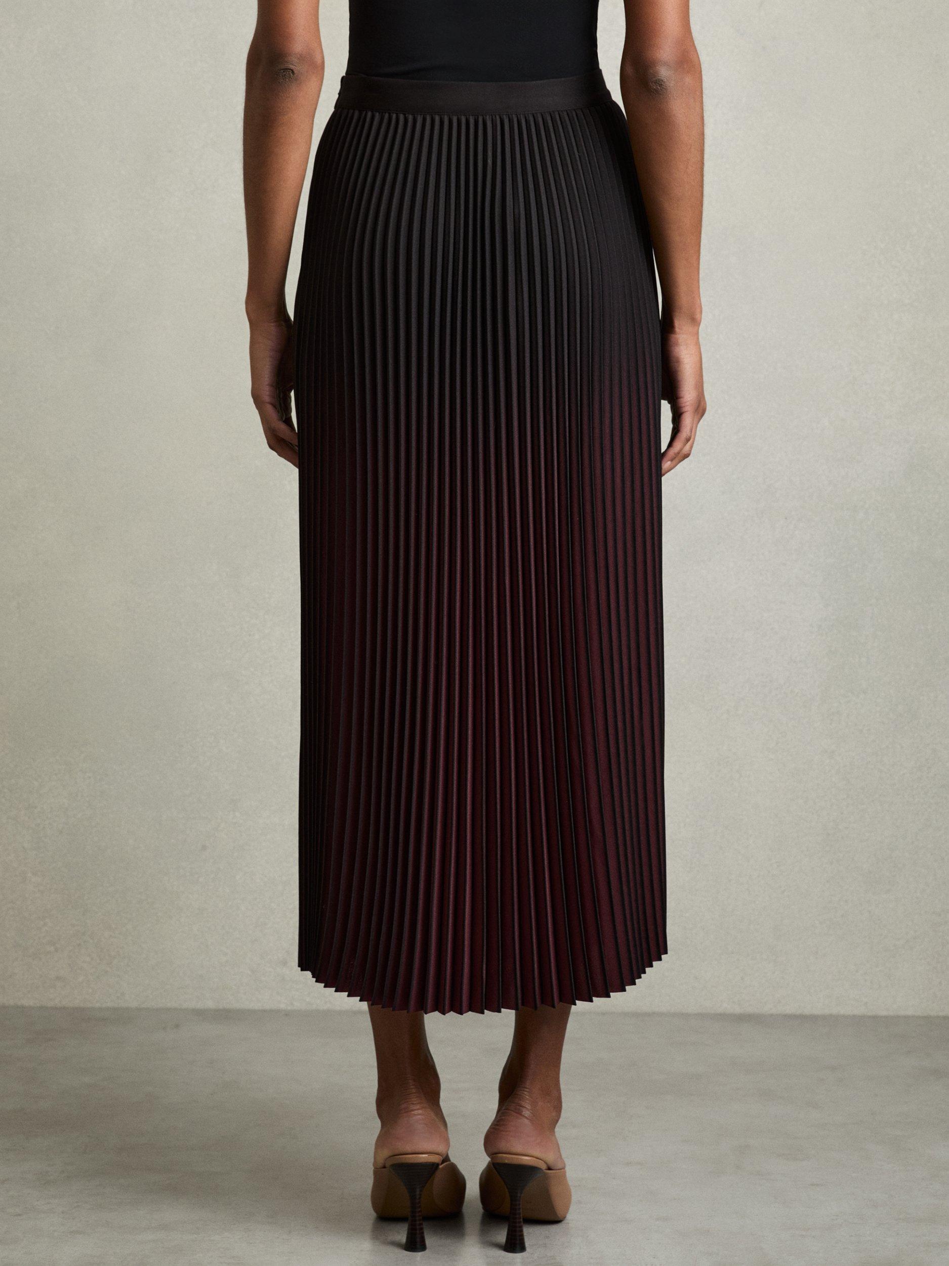 Product image 2 of 5, which shows Reiss Marlie Pleated Maxi Skirt, Burgundy/Black, 8