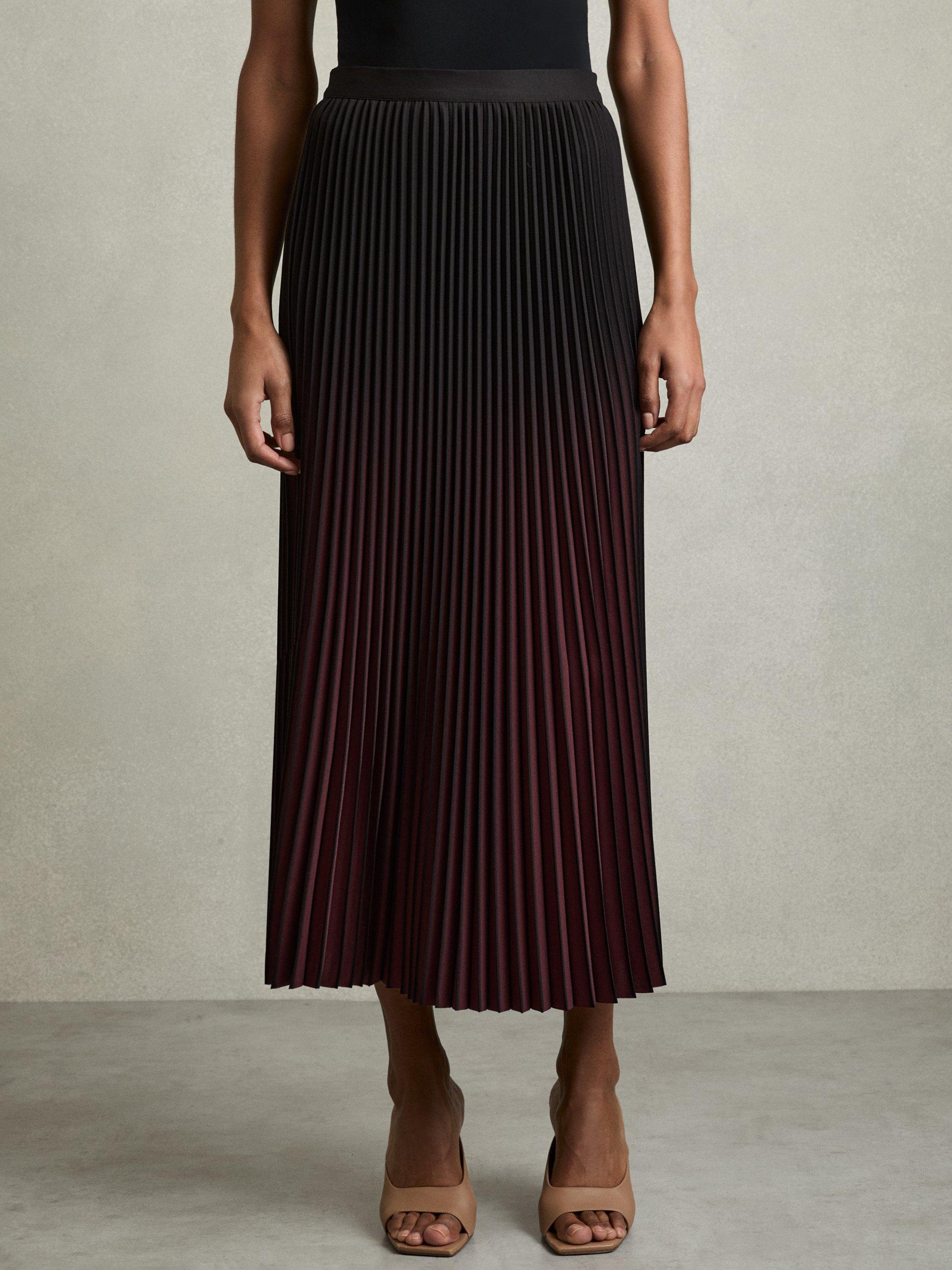 Product image 4 of 5, which shows Reiss Marlie Pleated Maxi Skirt, Burgundy/Black, 8