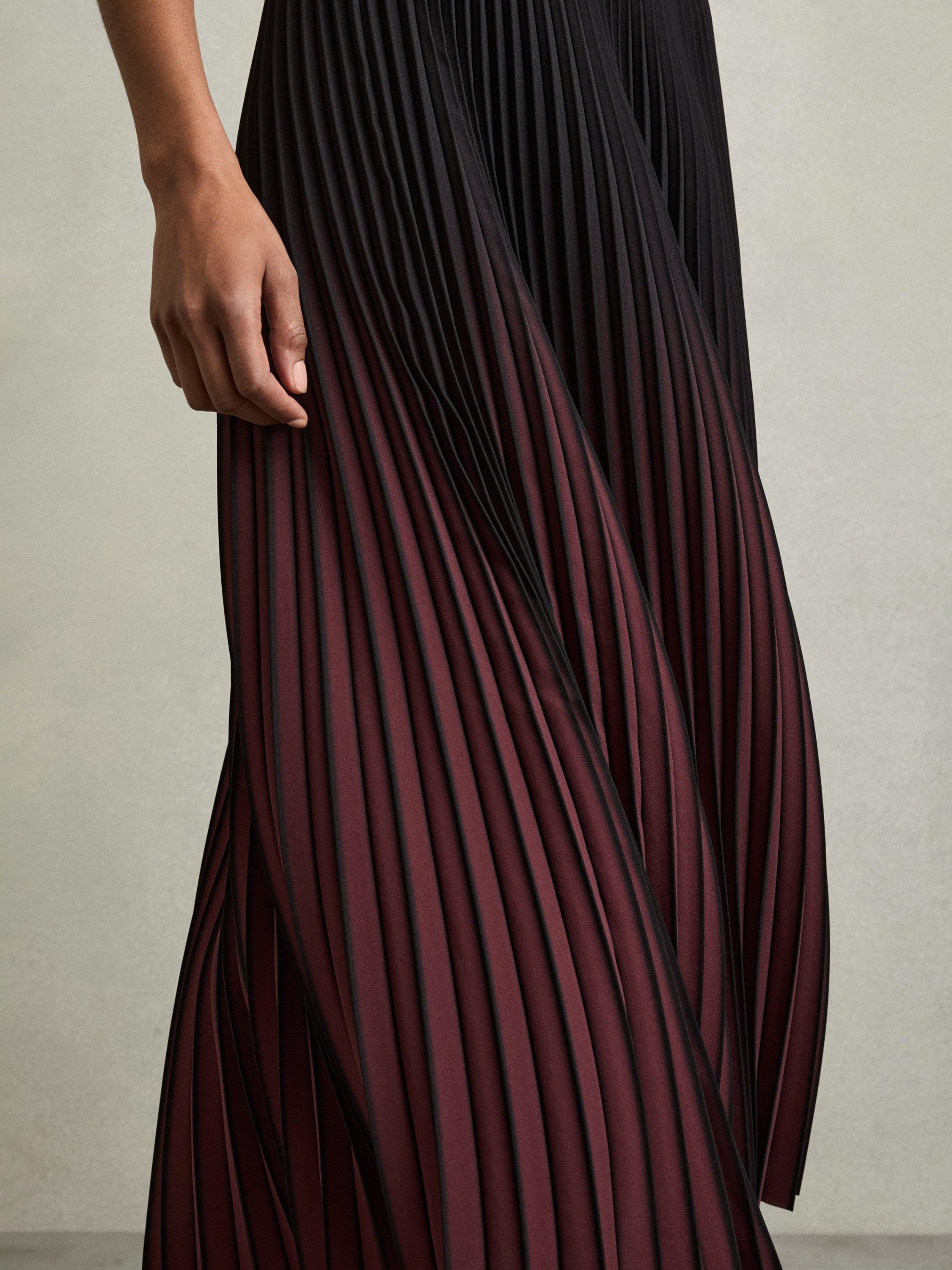 Product image 5 of 5, which shows Reiss Marlie Pleated Maxi Skirt, Burgundy/Black, 8