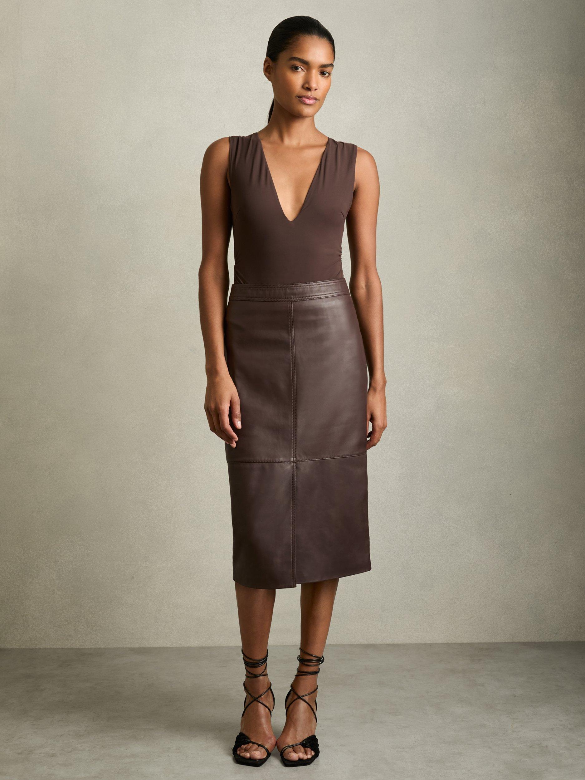 Product image 1 of 5, which shows Reiss Miley Leather Midi Skirt, Burgundy, 6