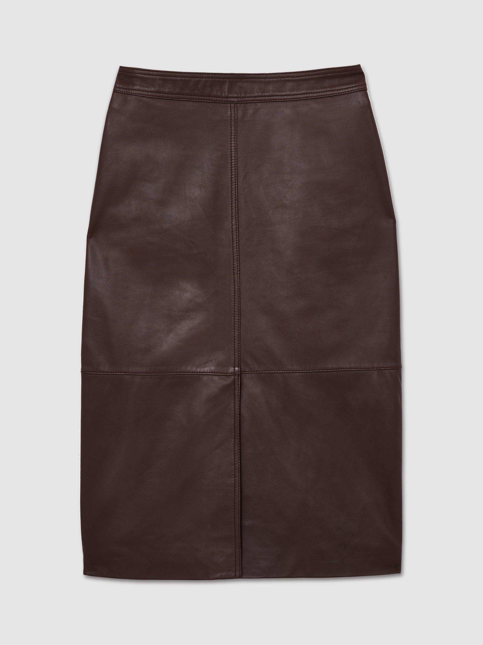Product image 3 of 5, which shows Reiss Miley Leather Midi Skirt, Burgundy, 6