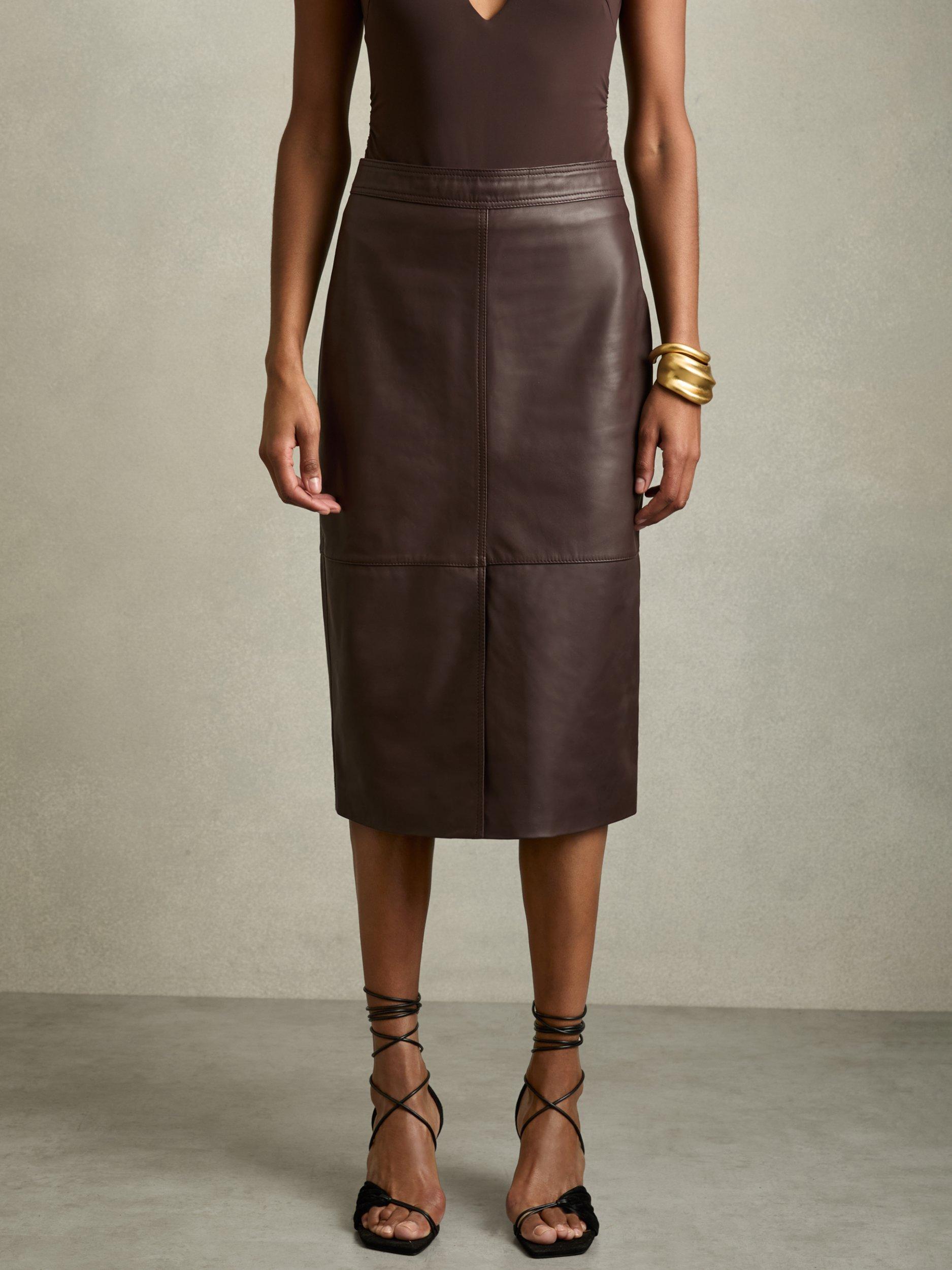 Product image 4 of 5, which shows Reiss Miley Leather Midi Skirt, Burgundy, 6