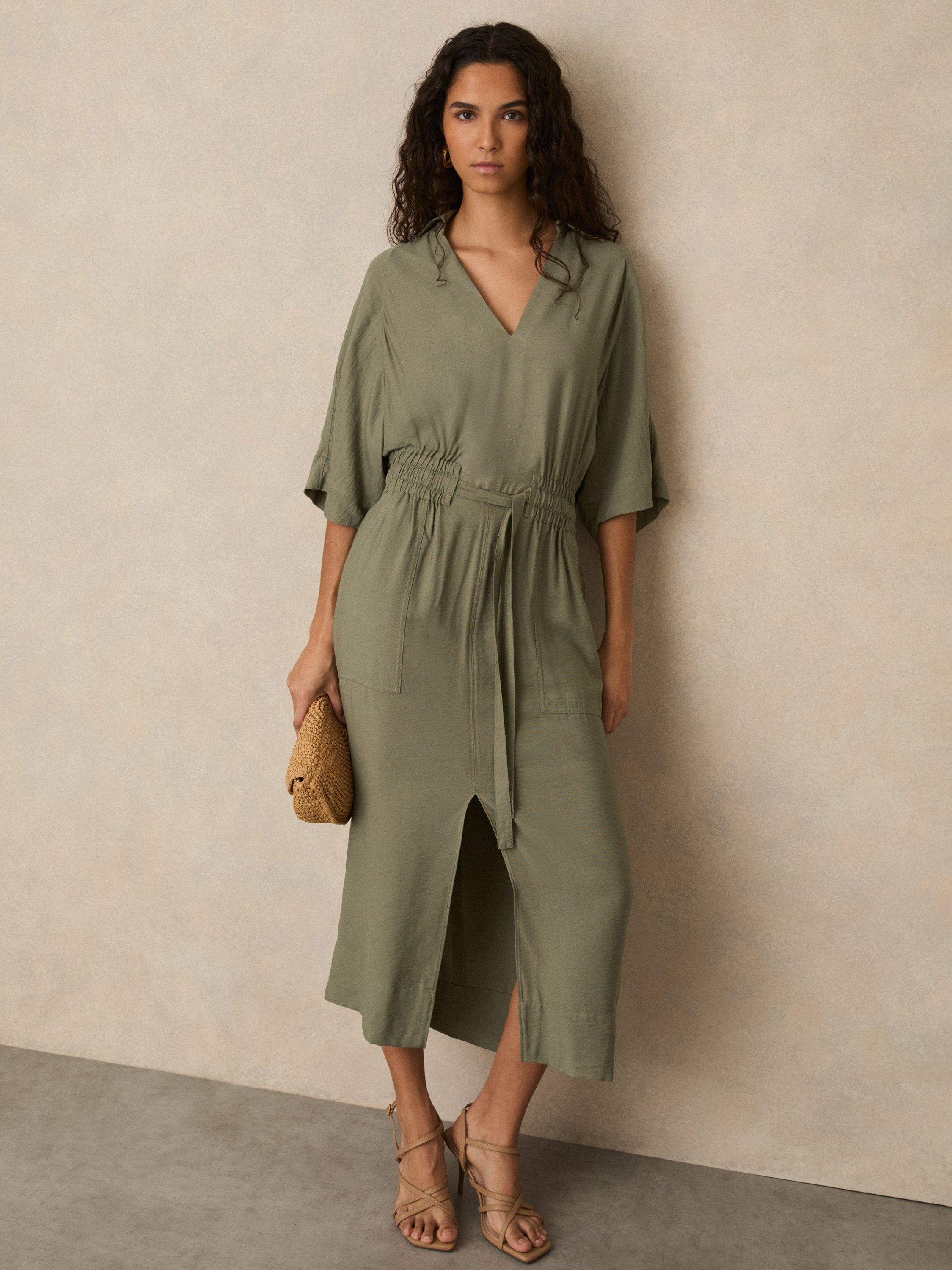 Product image 1 of 5, which shows Reiss Cecilia Tie Waist Shirt Dress, Khaki, 10