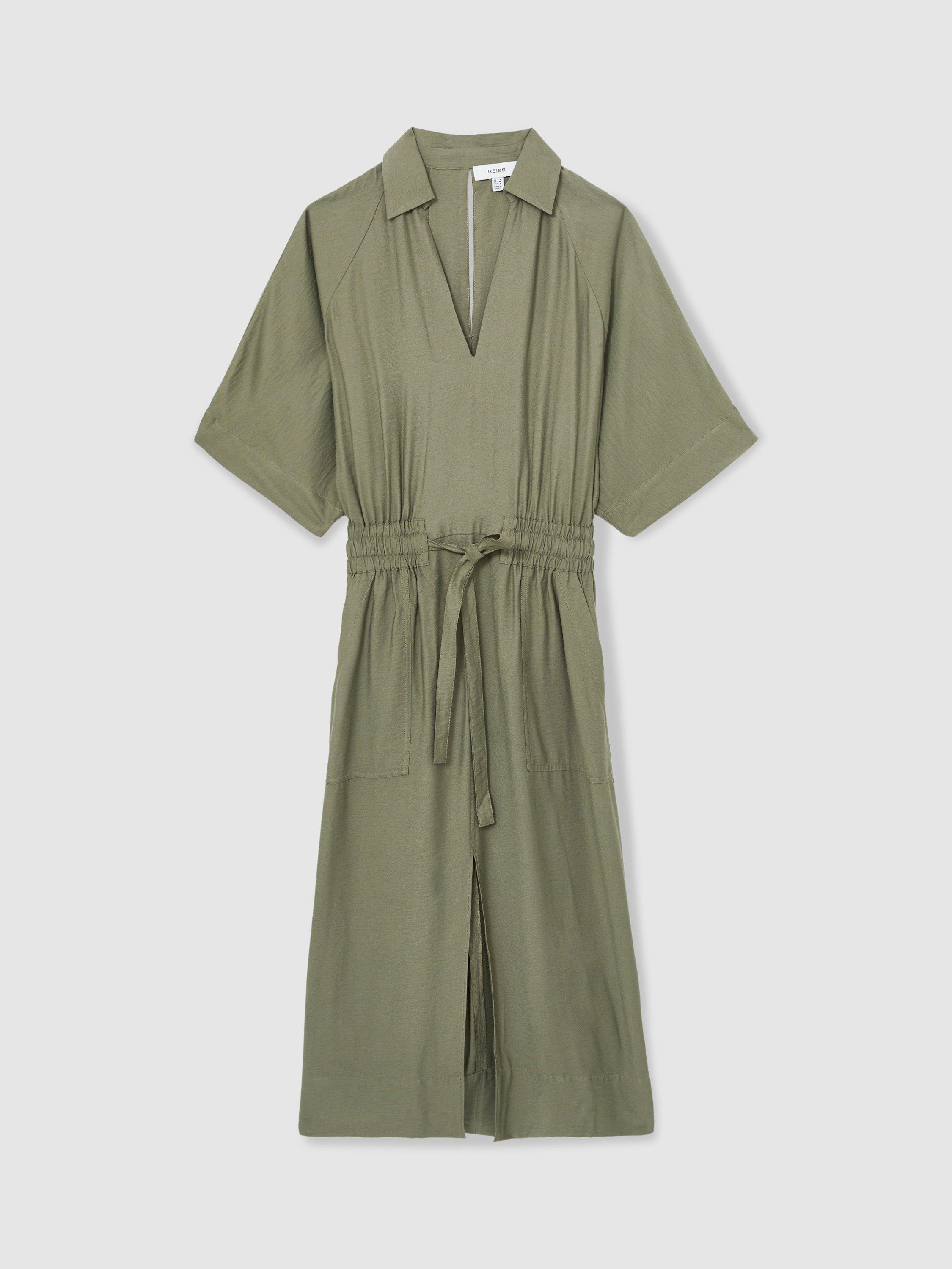 Product image 3 of 5, which shows Reiss Cecilia Tie Waist Shirt Dress, Khaki, 10