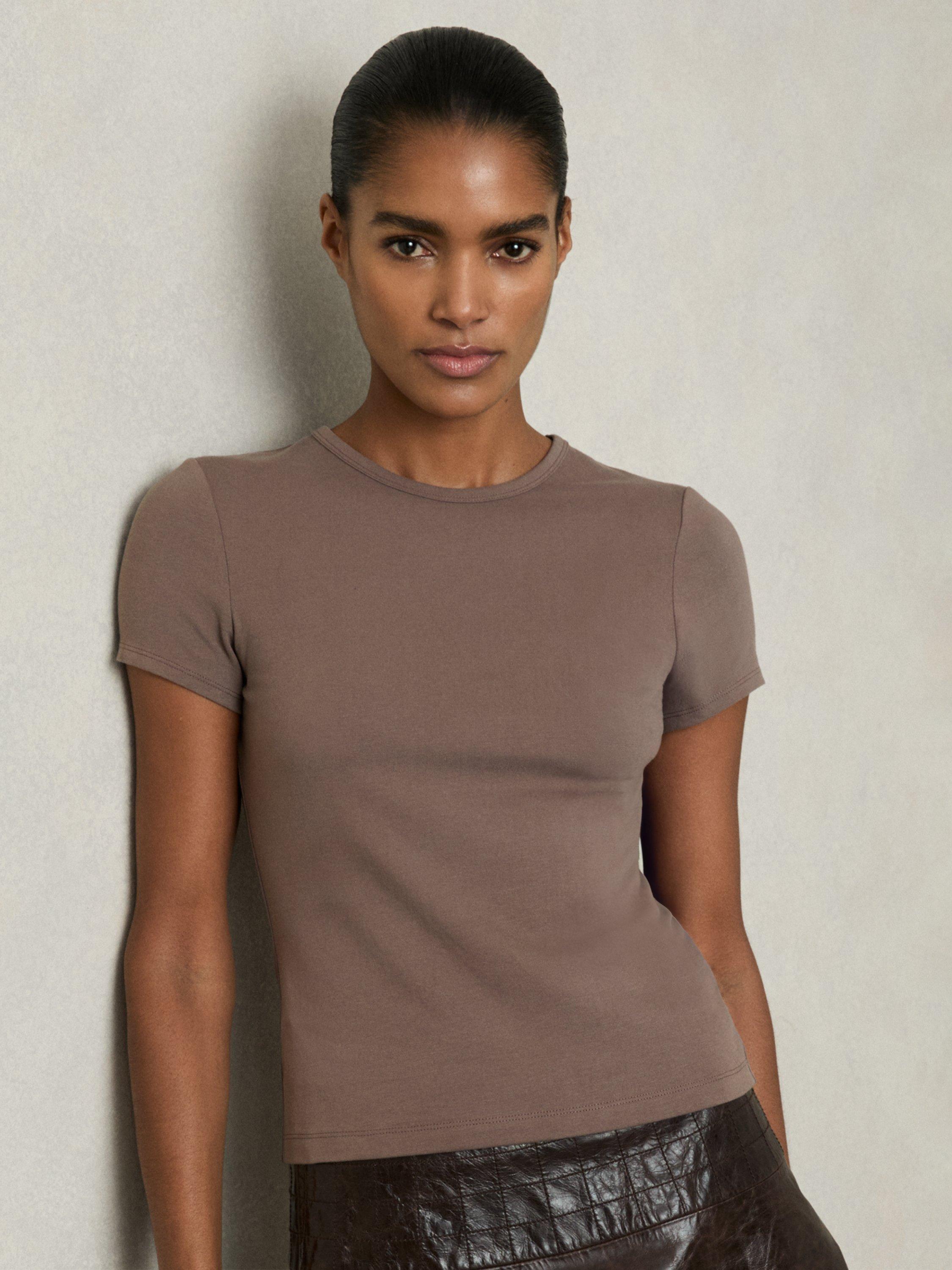 Product image 1 of 5, which shows Reiss Jolie Short Sleeve T-Shirt, Mink, XS