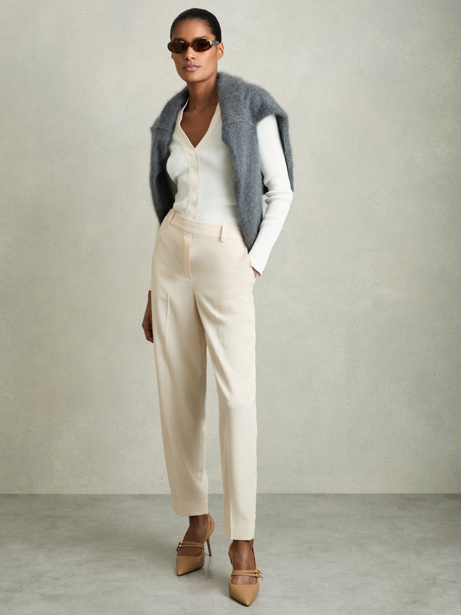 Product image 1 of 4, which shows Reiss Eve Tapered Tailored Trousers, Cream, 8R