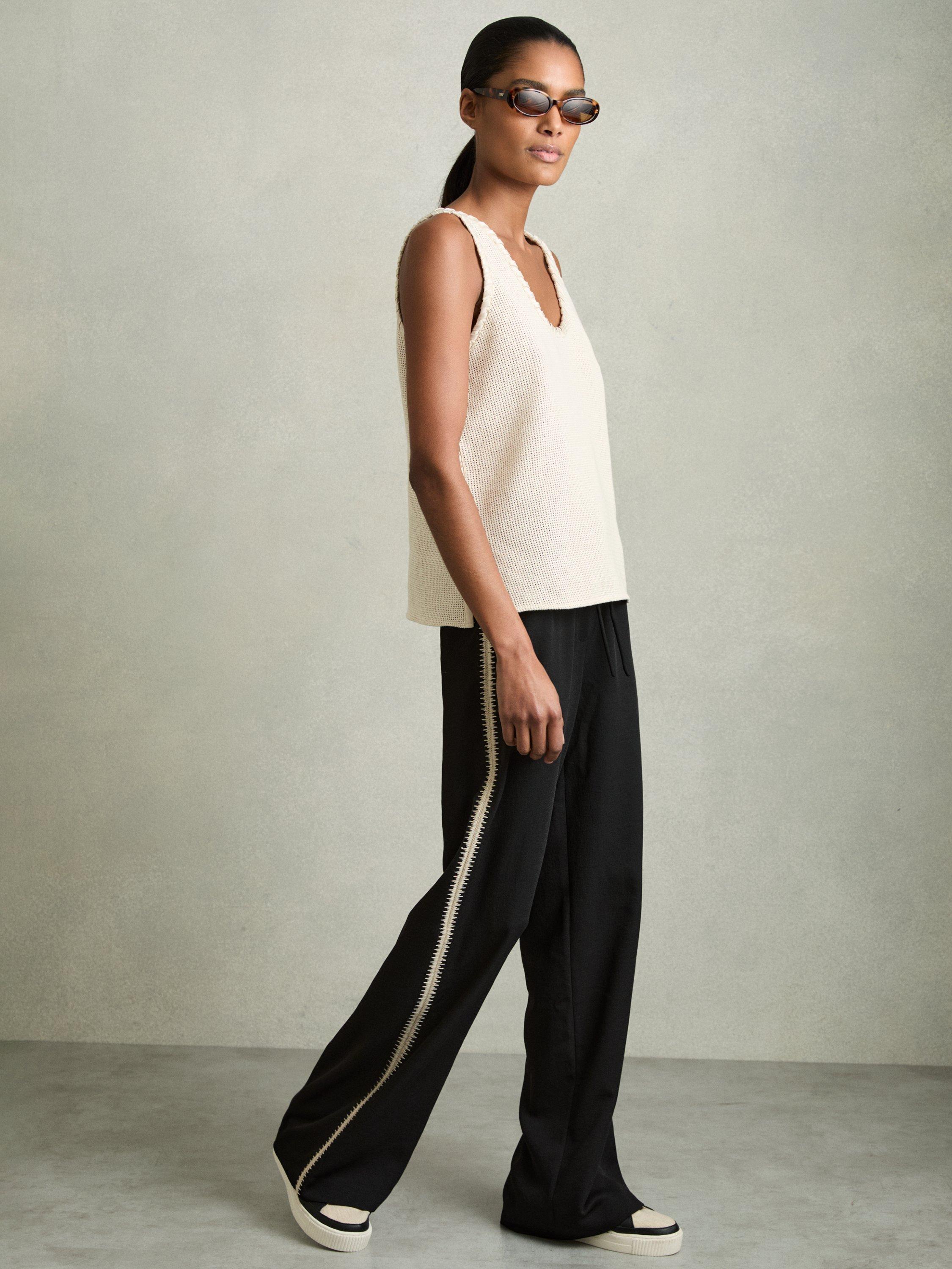 Product image 1 of 5, which shows Reiss Petite Inaya Stripe Wide Leg Trousers, Black, 6Pt