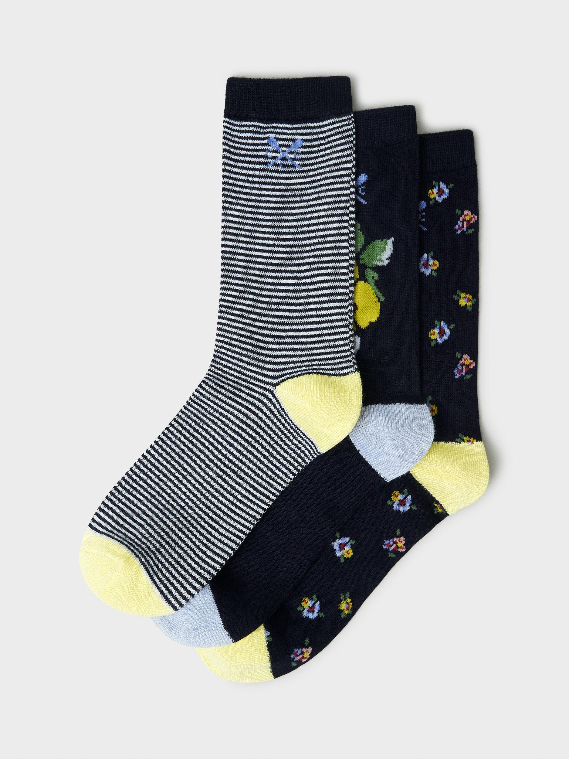 Product image 1 of 2, which shows Crew Clothing Stripe/Floral Socks, Pack of 3, Navy/Multi, One Size