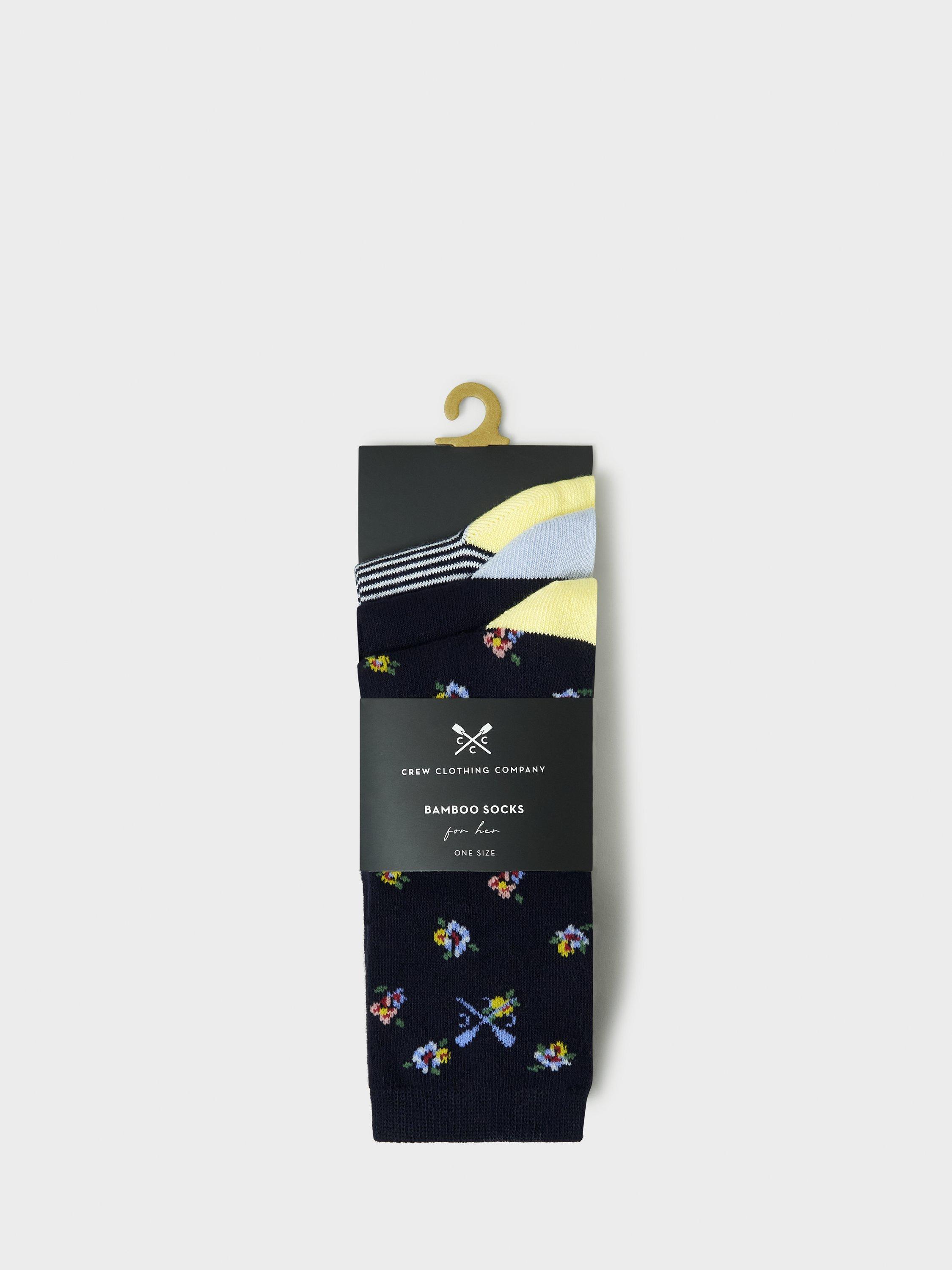 Product image 2 of 2, which shows Crew Clothing Stripe/Floral Socks, Pack of 3, Navy/Multi, One Size