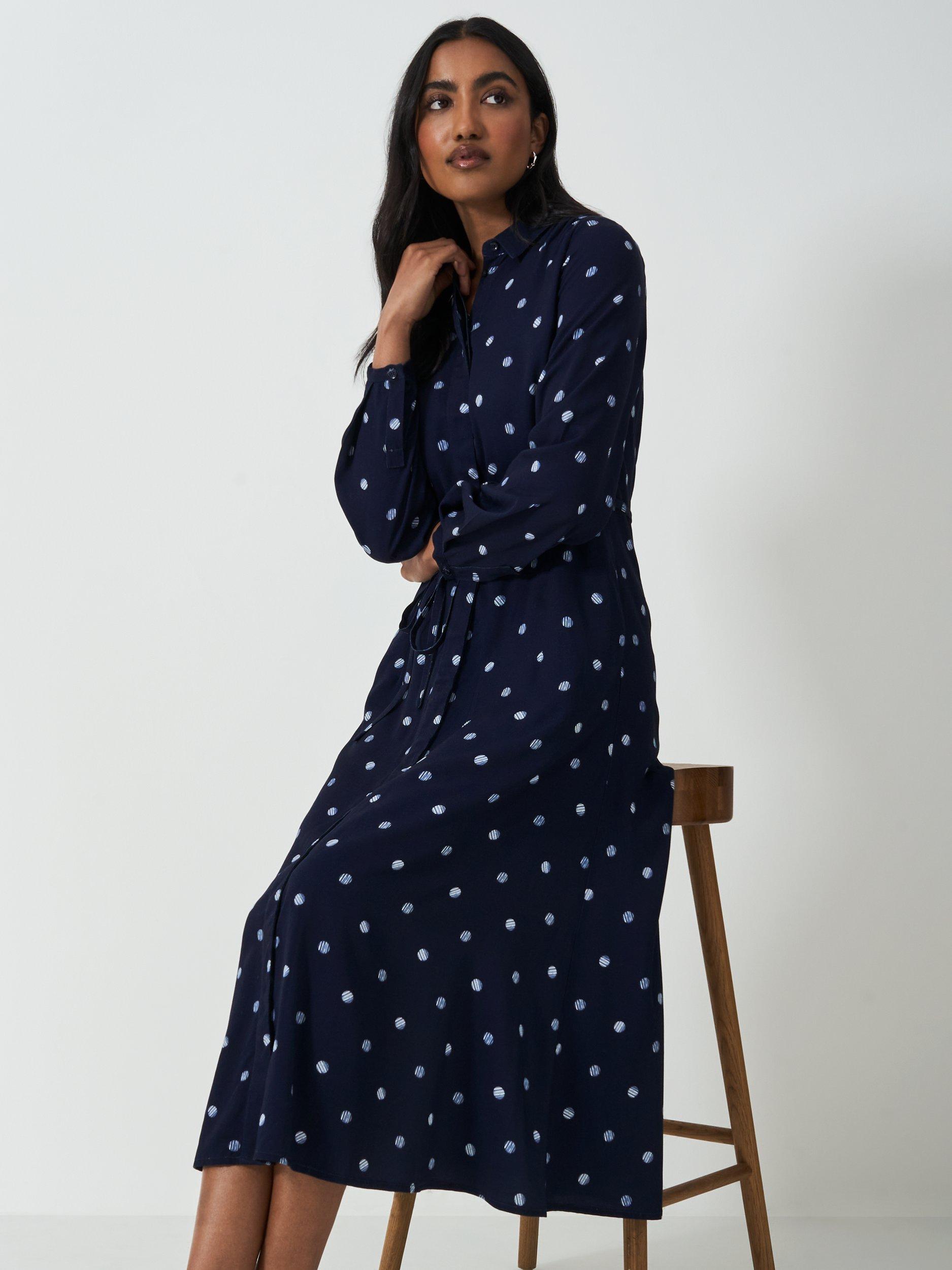 Product image 2 of 5, which shows Crew Clothing Olivia Polka Dot Shirt Dress, Navy Blue, 6