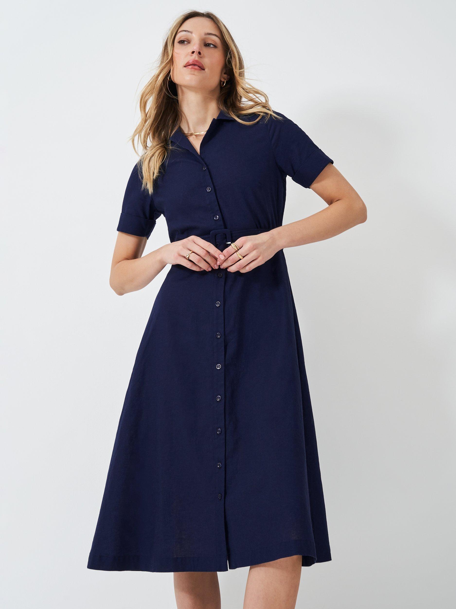 Product image 1 of 5, which shows Crew Clothing Ava Linen Blend Shirt Dress, Navy Blue, 6