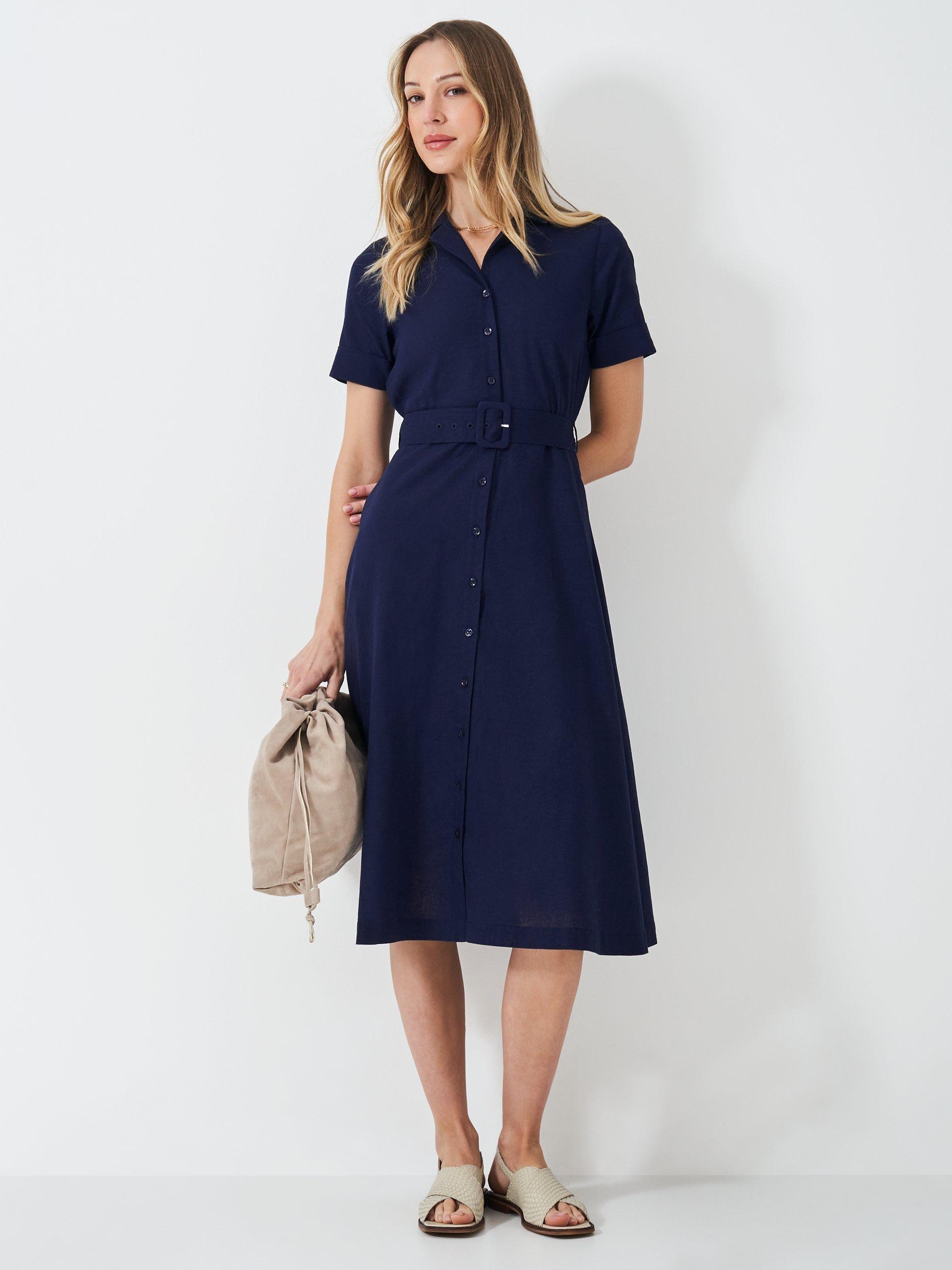 Product image 2 of 5, which shows Crew Clothing Ava Linen Blend Shirt Dress, Navy Blue, 6