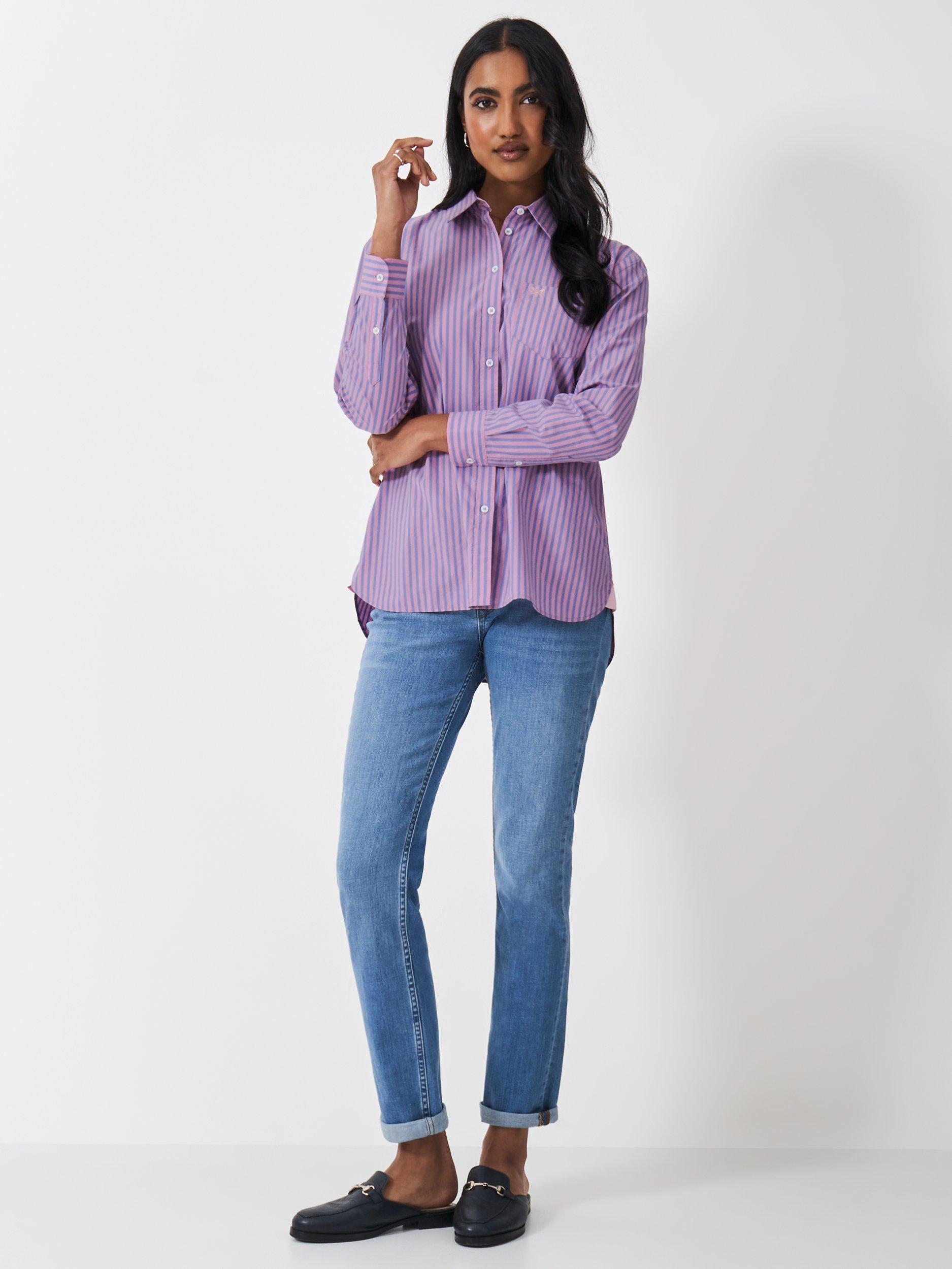 Product image 2 of 5, which shows Crew Clothing Stripe Relaxed Poplin Shirt, Light Pink, 6