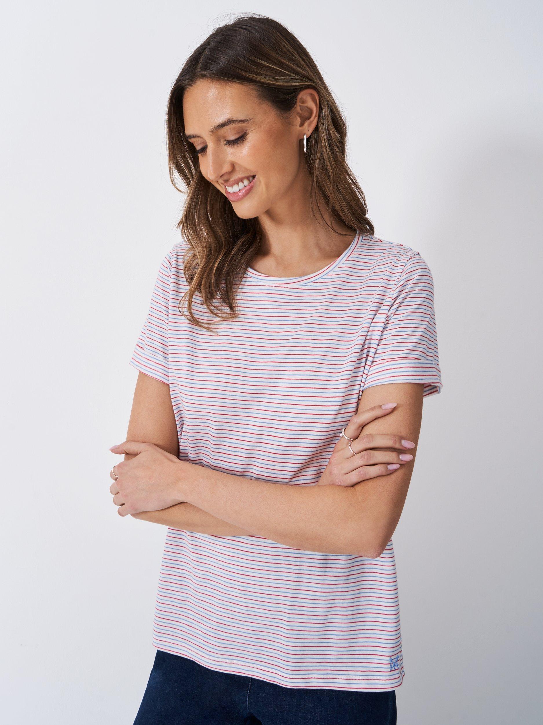 Product image 1 of 5, which shows Crew Clothing Perfect Crew Stripe Slub T-Shirt, Red/Multi, 6