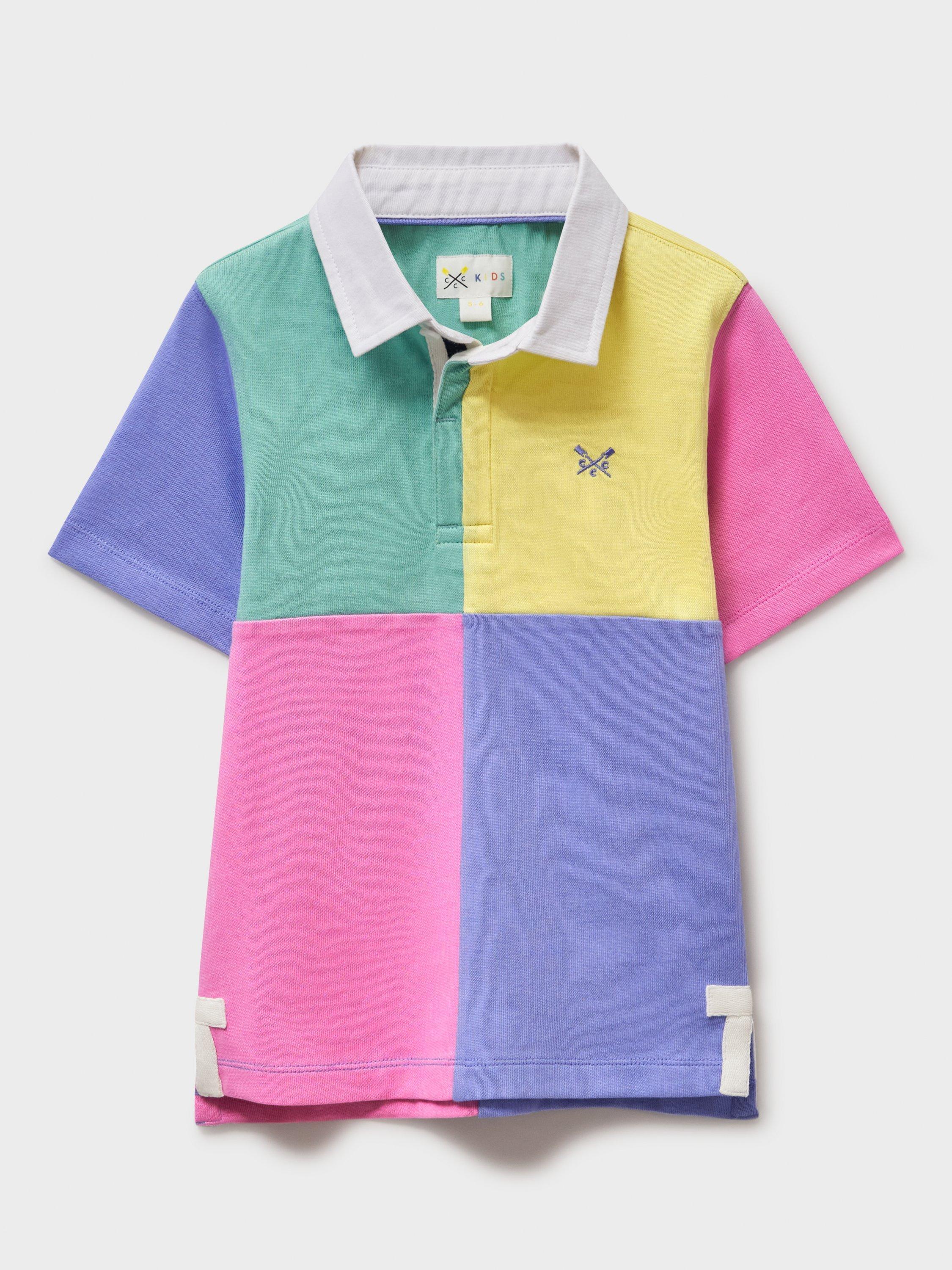 Product image 1 of 5, which shows Crew Clothing Kids' Cotton Short Sleeved Harlequin Rugby Shirt, Multi/Pink, 8-9 years