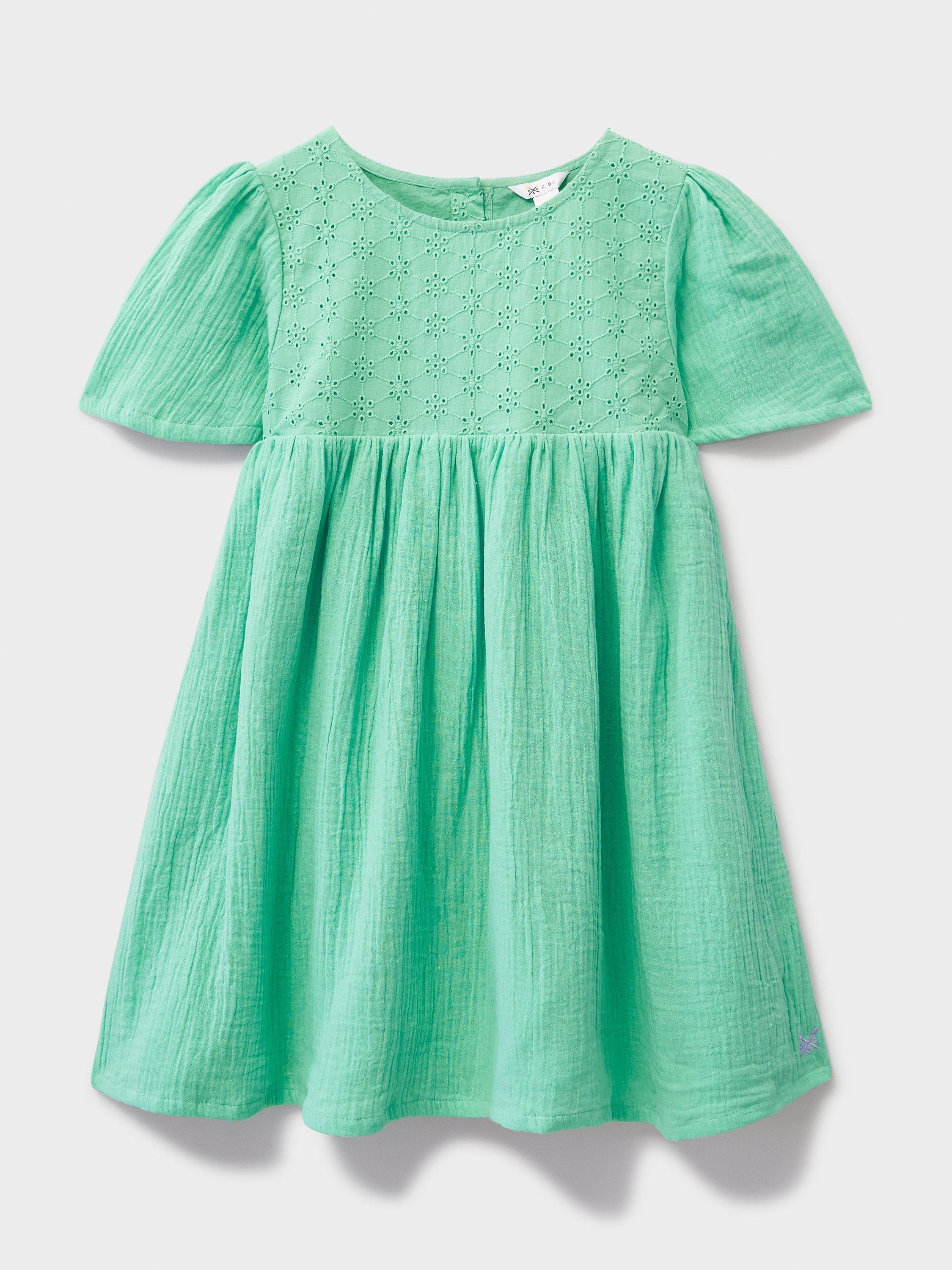 Product image 1 of 3, which shows Crew Clothing Kids' Cotton Broderie Anglaise Dress, Emerald Green, 8-9 years