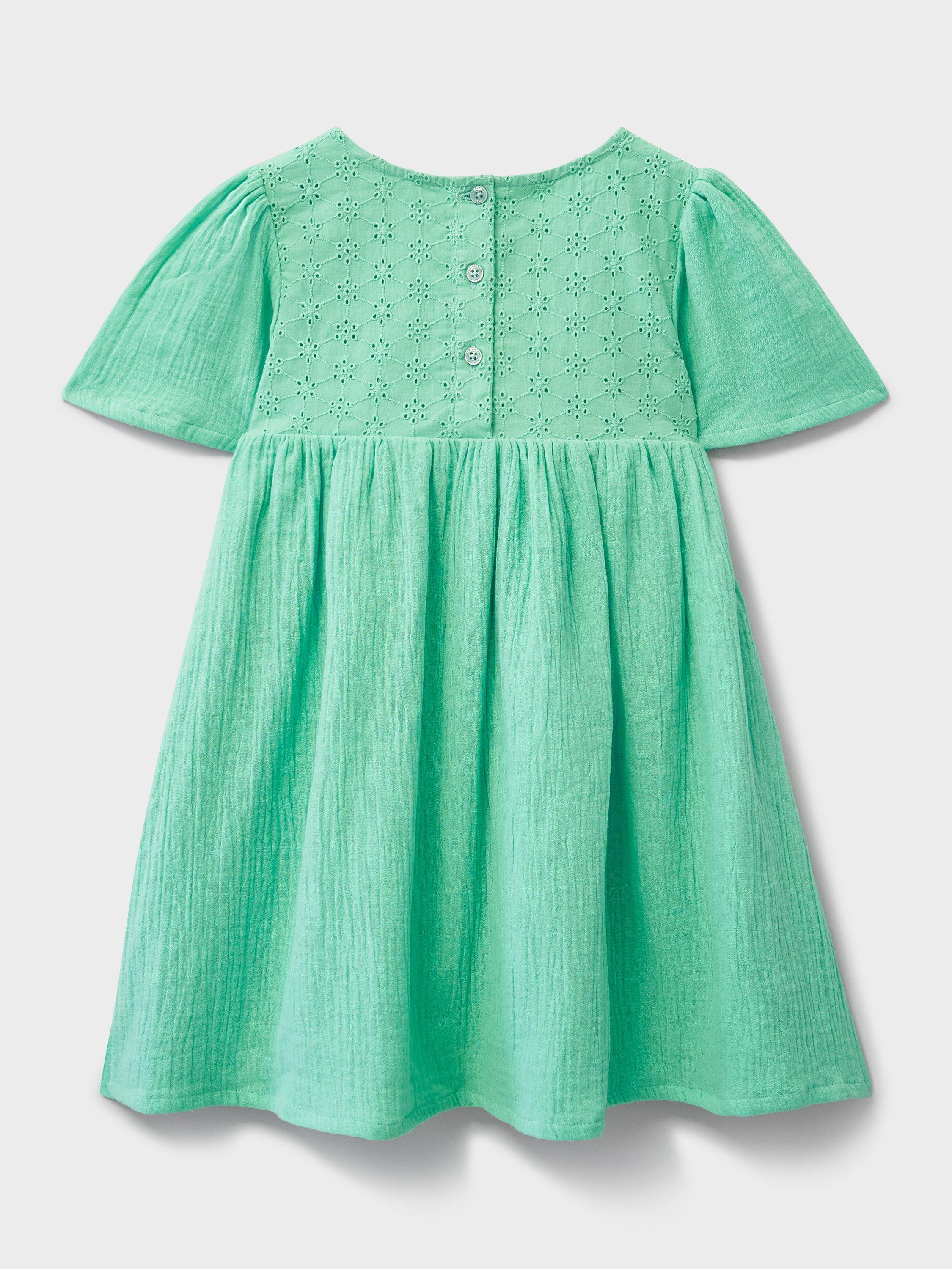 Product image 2 of 3, which shows Crew Clothing Kids' Cotton Broderie Anglaise Dress, Emerald Green, 8-9 years