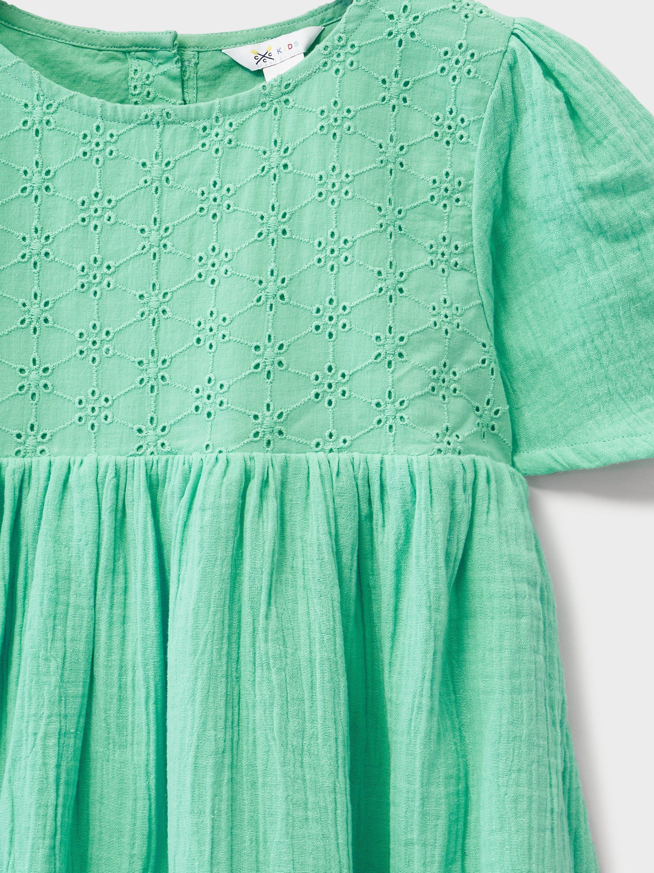 Product image 3 of 3, which shows Crew Clothing Kids' Cotton Broderie Anglaise Dress, Emerald Green, 8-9 years