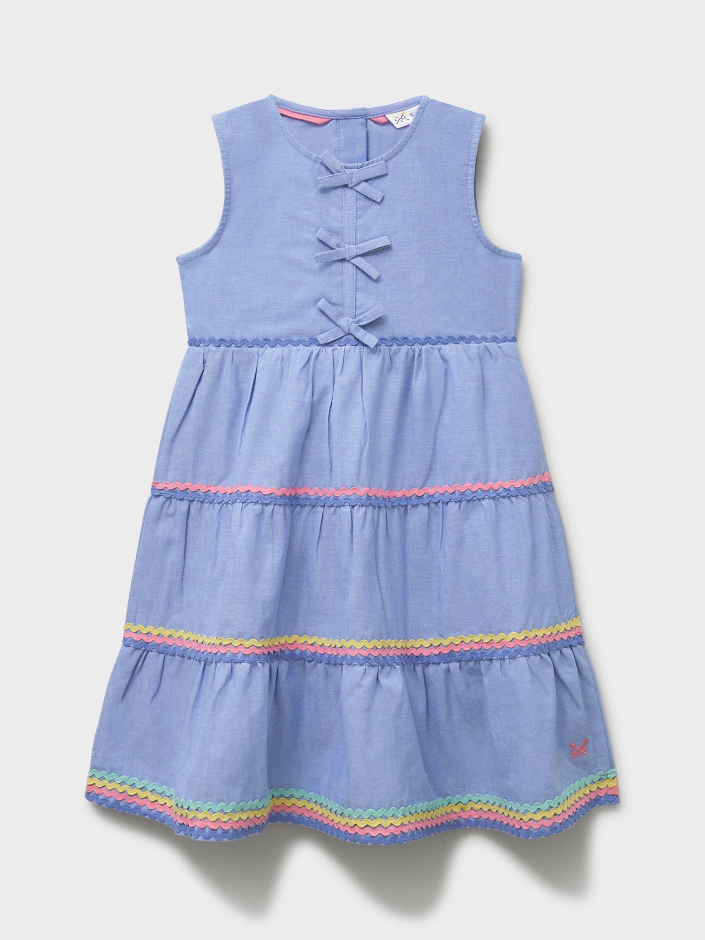 Product image 1 of 3, which shows Crew Clothing Kids' Chabray Sleeveless Ric-Rac Midi Dress, Mid Blue, 8-9 years