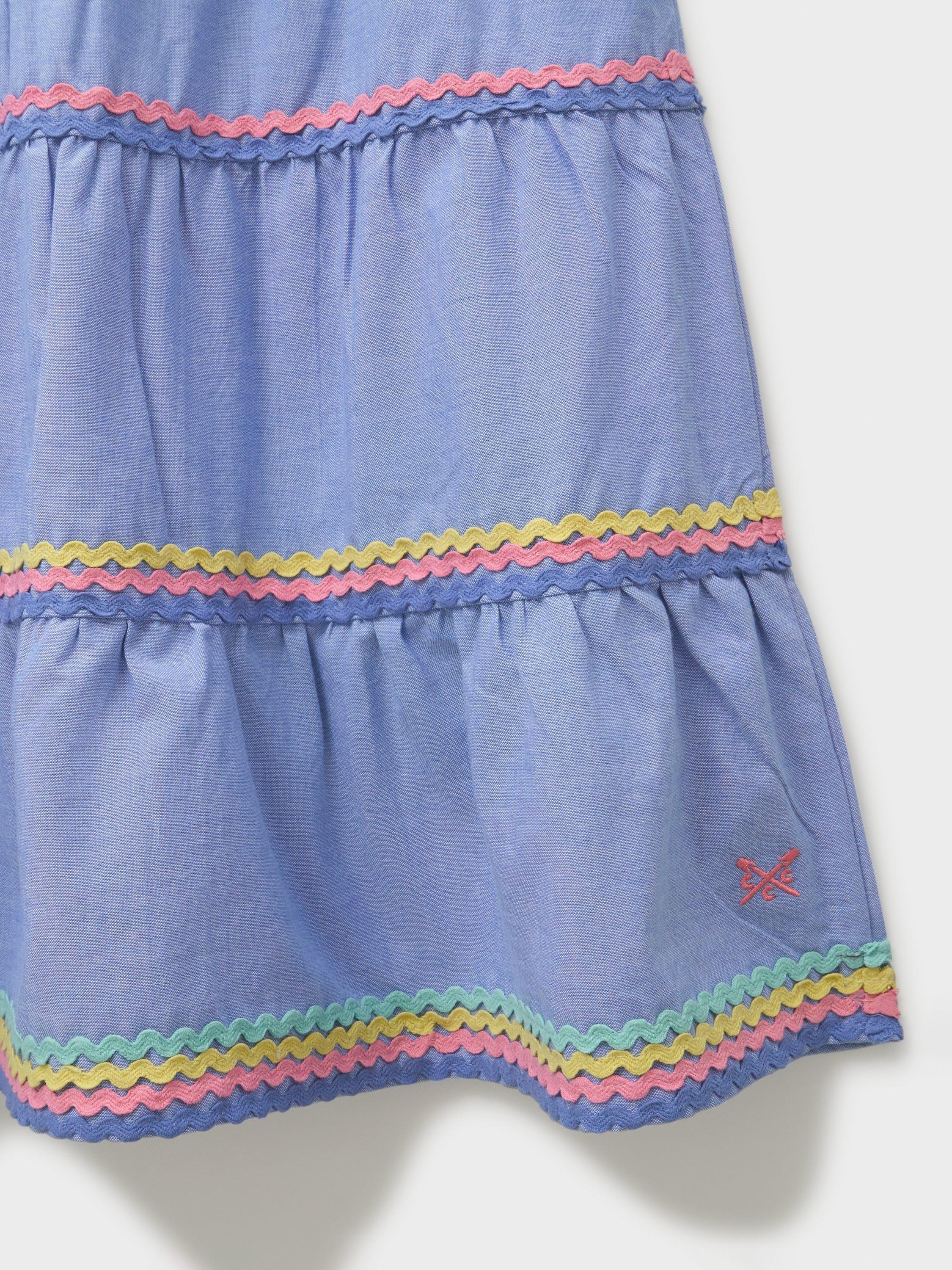 Product image 3 of 3, which shows Crew Clothing Kids' Chabray Sleeveless Ric-Rac Midi Dress, Mid Blue, 8-9 years