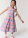 Crew Clothing Kids' Cotton Frill Shoulder Tiered Checked Dress, Multi
