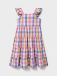 Crew Clothing Kids' Cotton Frill Shoulder Tiered Checked Dress, Multi