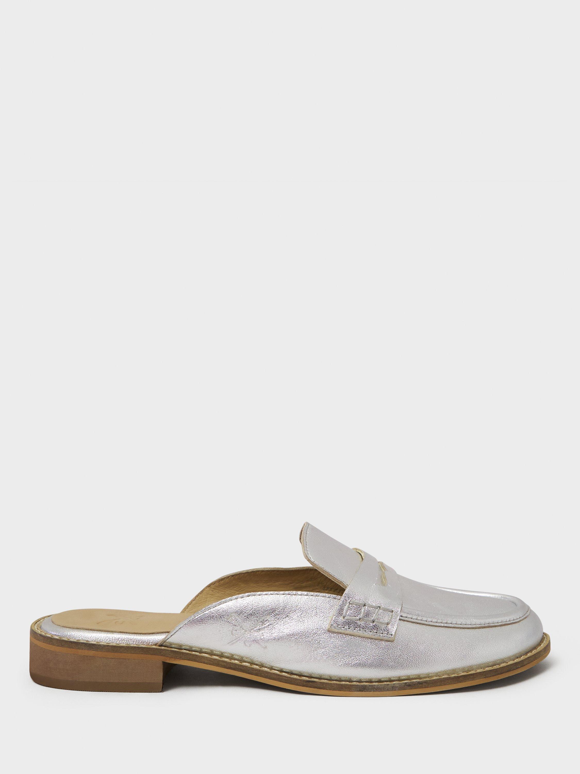 Product image 1 of 4, which shows Crew Clothing Metallic Backless Leather Loafers, Silver, 8