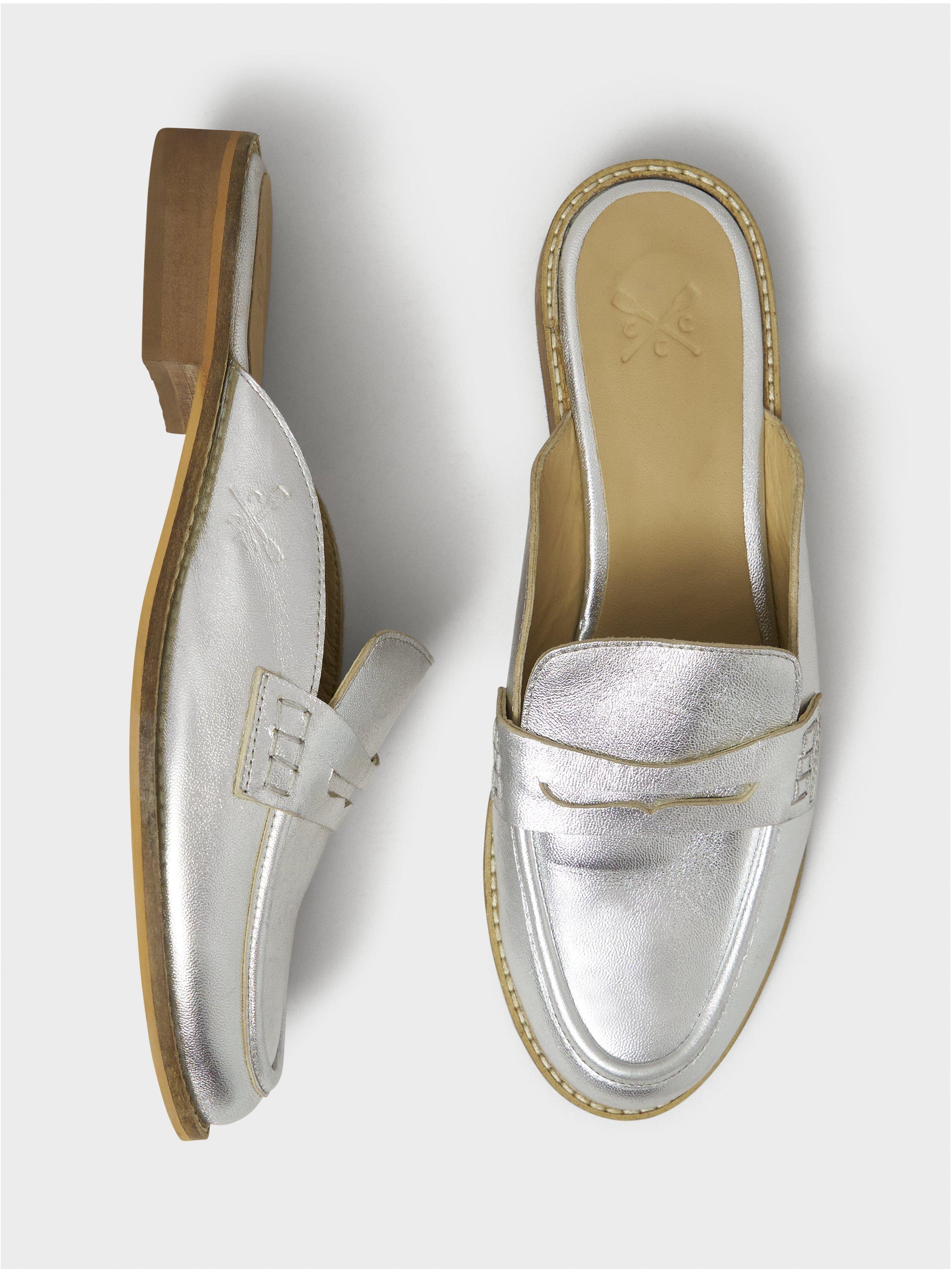 Product image 2 of 4, which shows Crew Clothing Metallic Backless Leather Loafers, Silver, 8