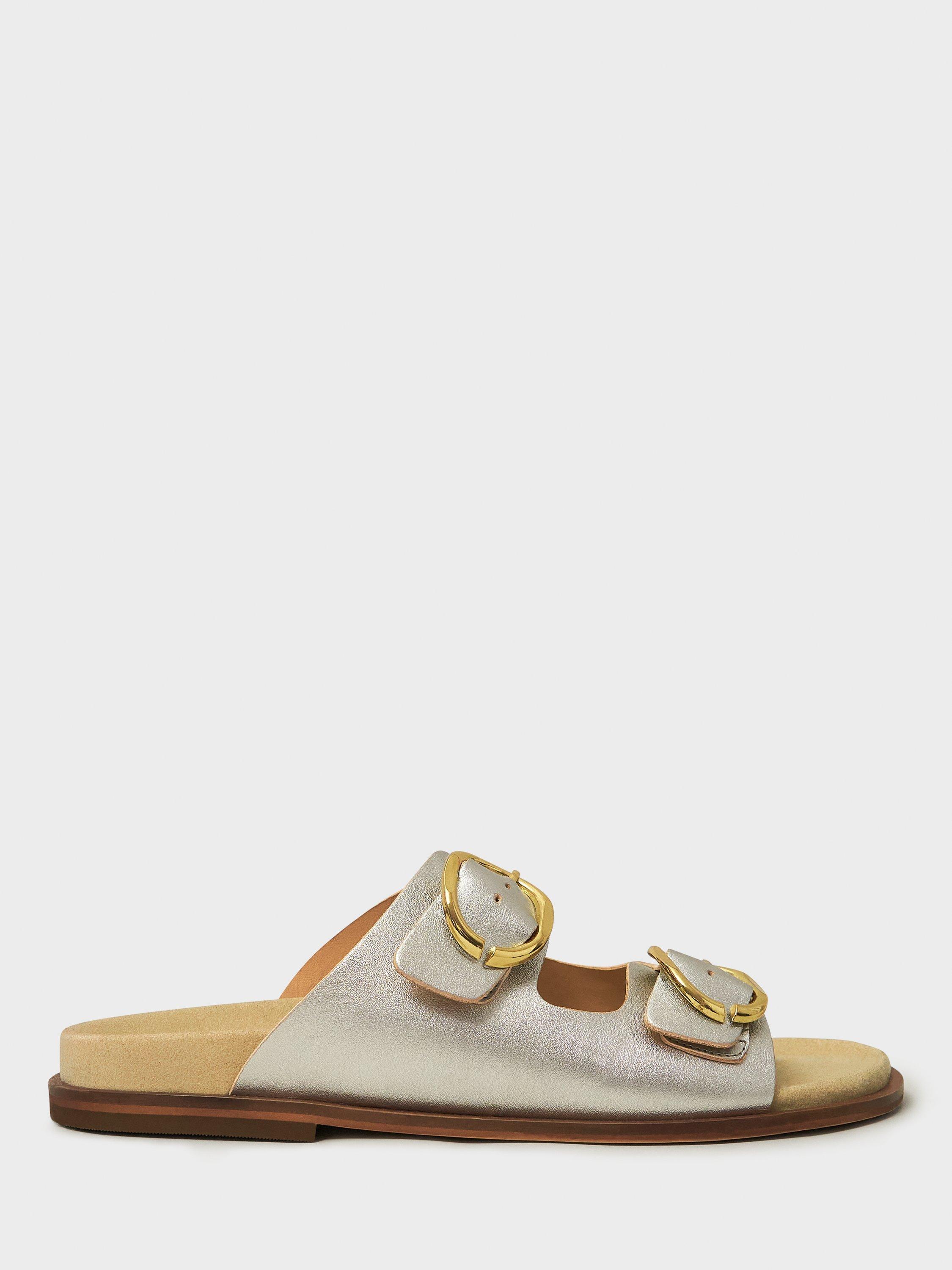 Product image 1 of 4, which shows Crew Clothing Metallic Buckle Leather Strap Sandals, Silver, 8