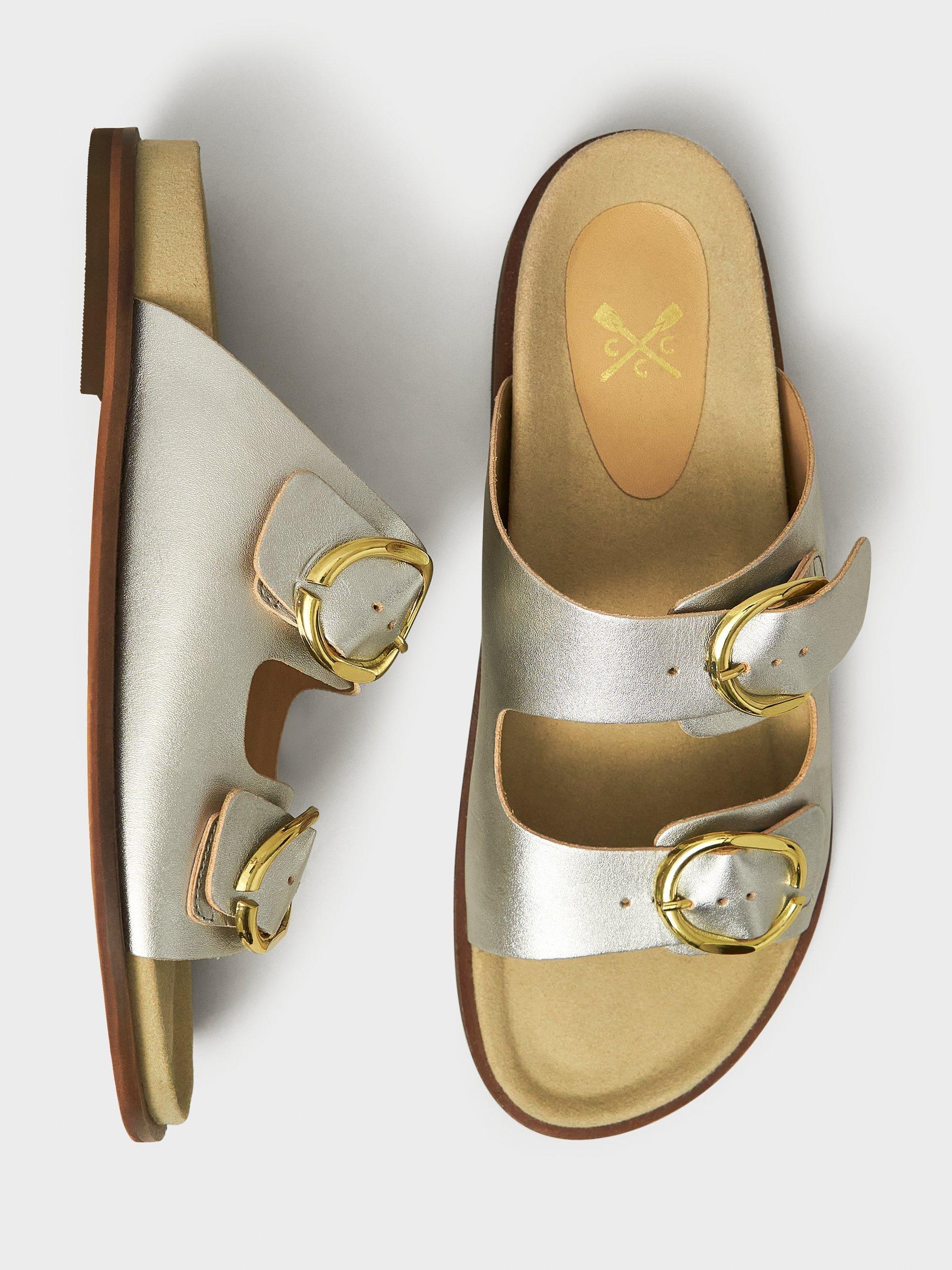 Product image 2 of 4, which shows Crew Clothing Metallic Buckle Leather Strap Sandals, Silver, 8