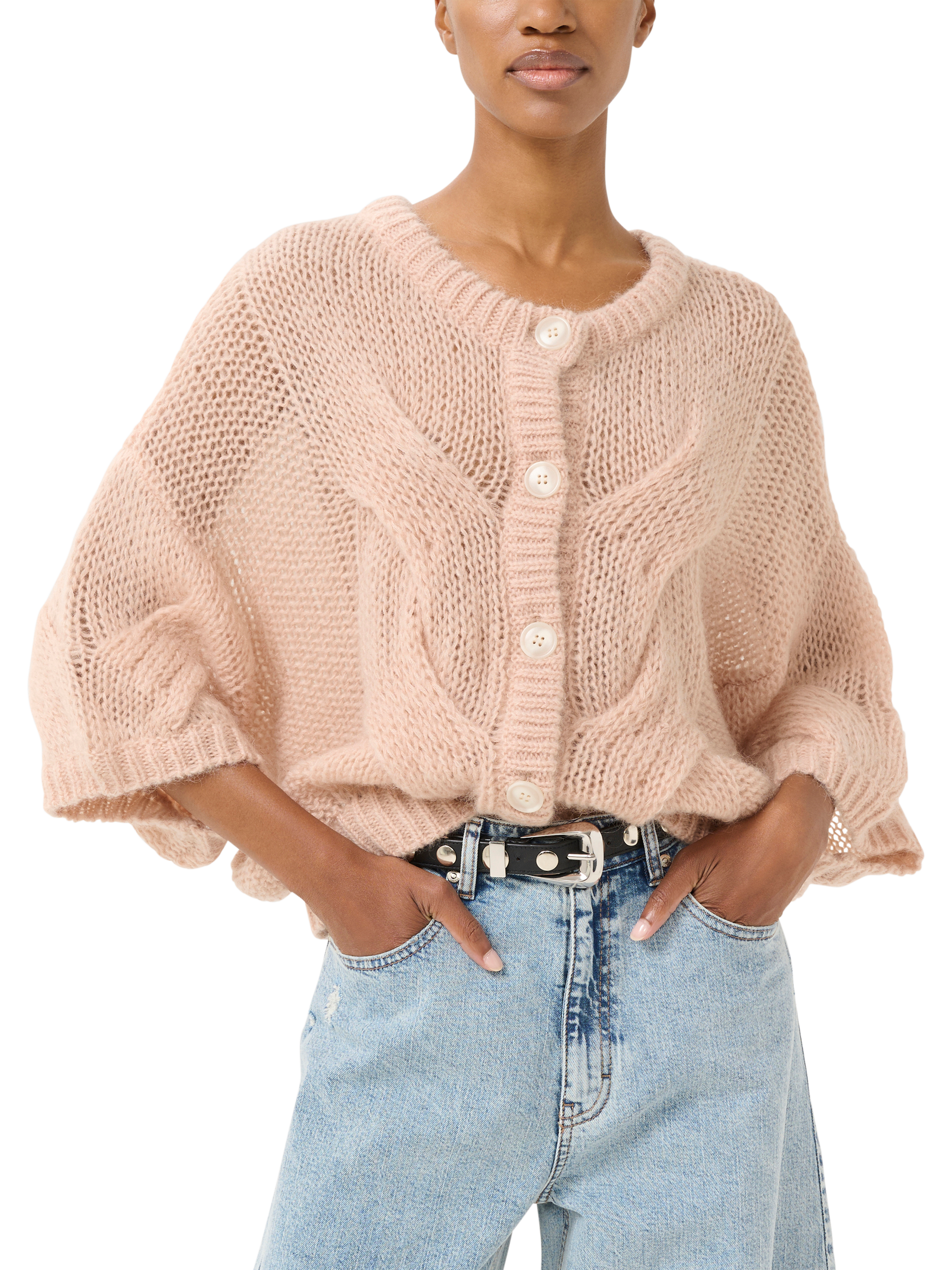Product image 1 of 5, which shows Gestuz Zenia Mohair Wool Blend Billowy Sleeve Cardigan, Rose Dust, XS