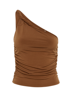 Gestuz Maily Asymmetric Twist Ruched Top, Sorrel Horse, Sorrel Horse