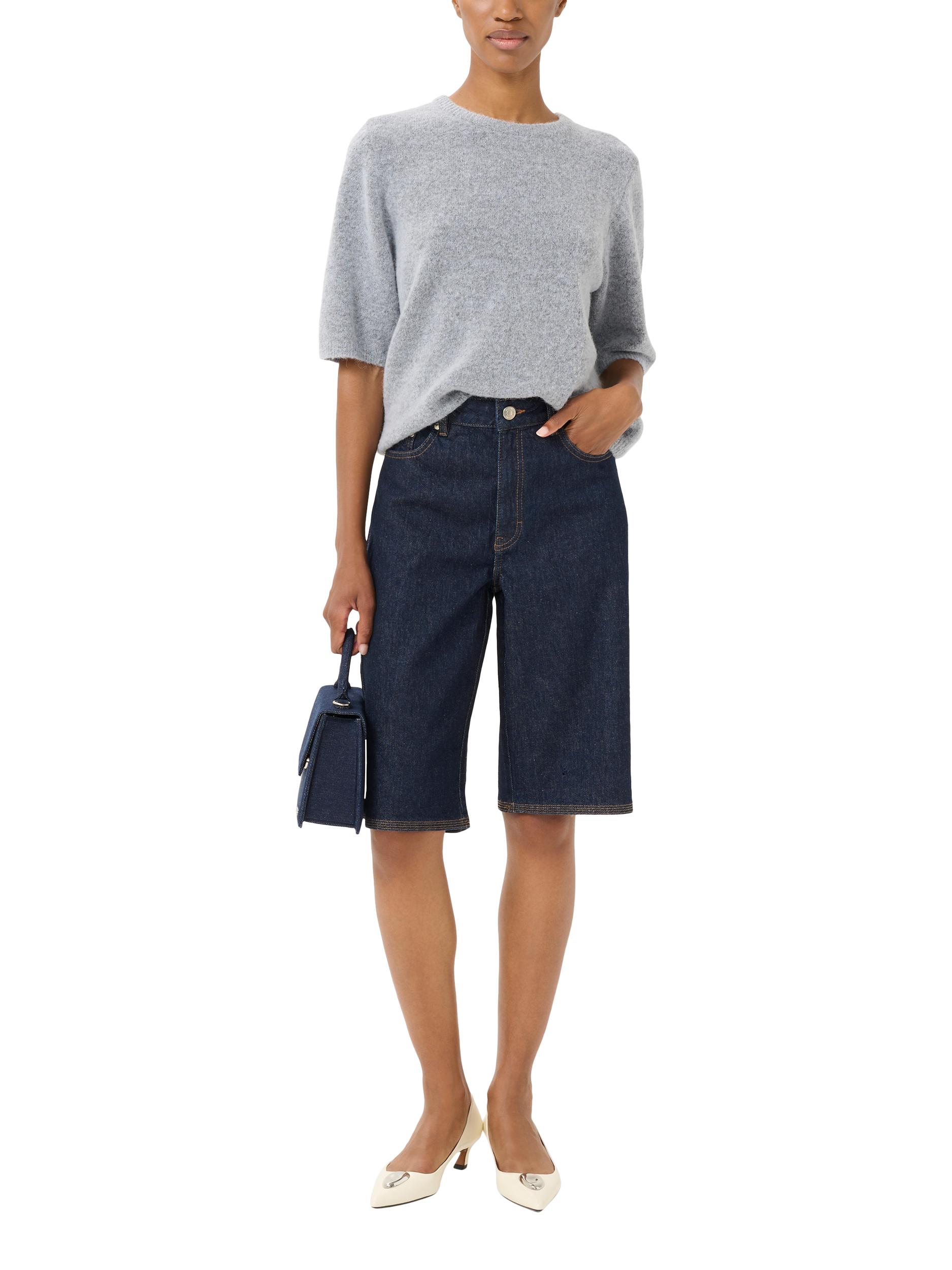 Product image 3 of 6, which shows Gestuz Alpha Alpaca Wool Blend Short Sleeve Jumper, Pearl Blue Melange, XS