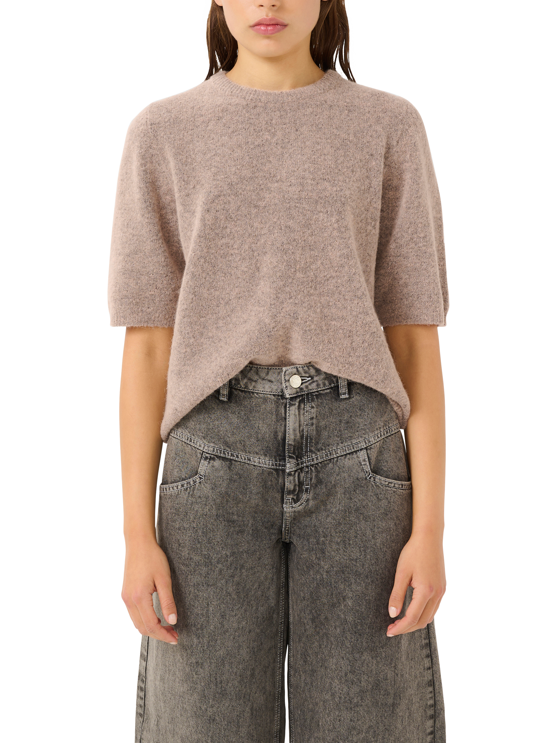 Product image 1 of 6, which shows Gestuz Alpha Alpaca Wool Blend Short Sleeve Jumper, Rose Dust Melange, XS