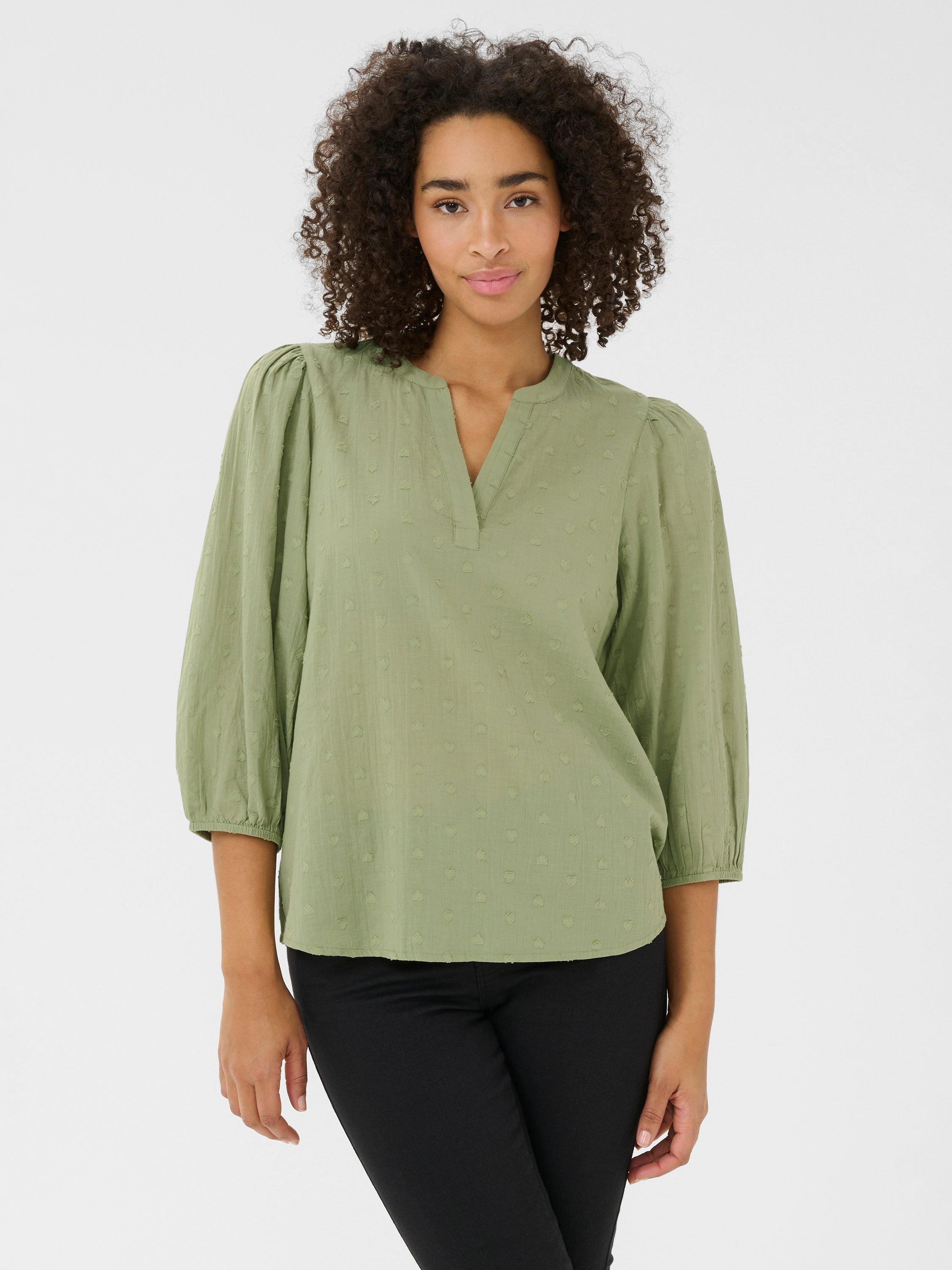 Product image 1 of 5, which shows KAFFE Jollia Notch Neck Top, Oil Green, 18