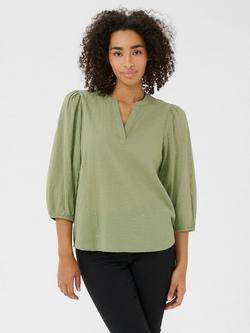 KAFFE Jollia Notch Neck Top, Oil Green, Oil Green