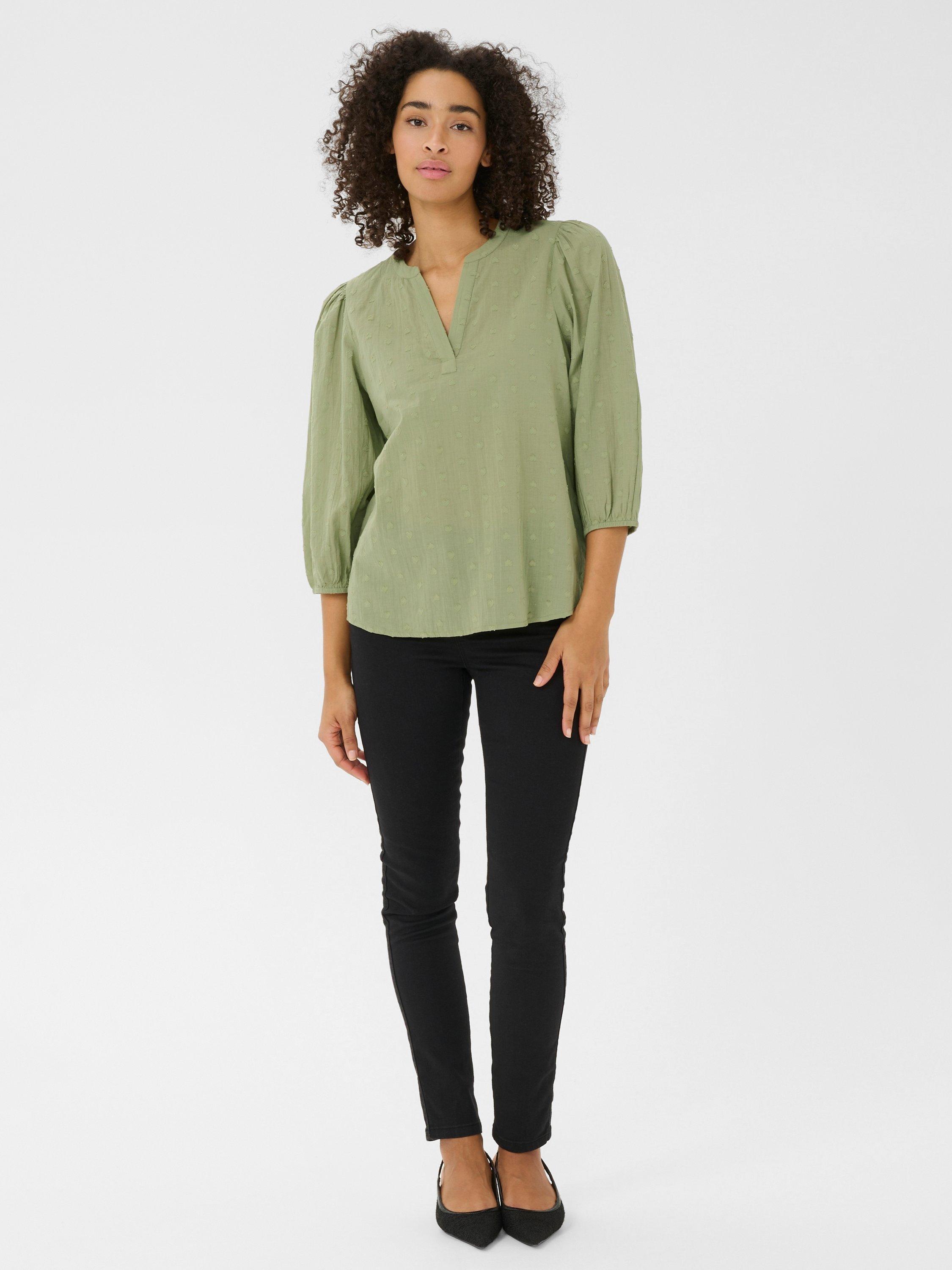 Product image 2 of 5, which shows KAFFE Jollia Notch Neck Top, Oil Green, 18