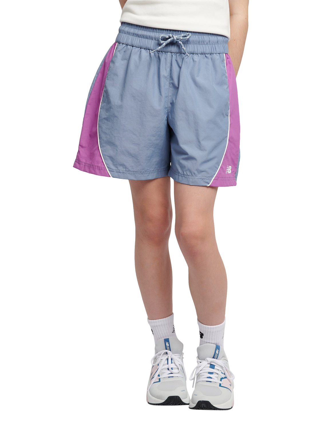 Product image 1 of 9, which shows New Balance Kids' Panelled Woven Track Shorts, Dusk Shower, 7-8 years