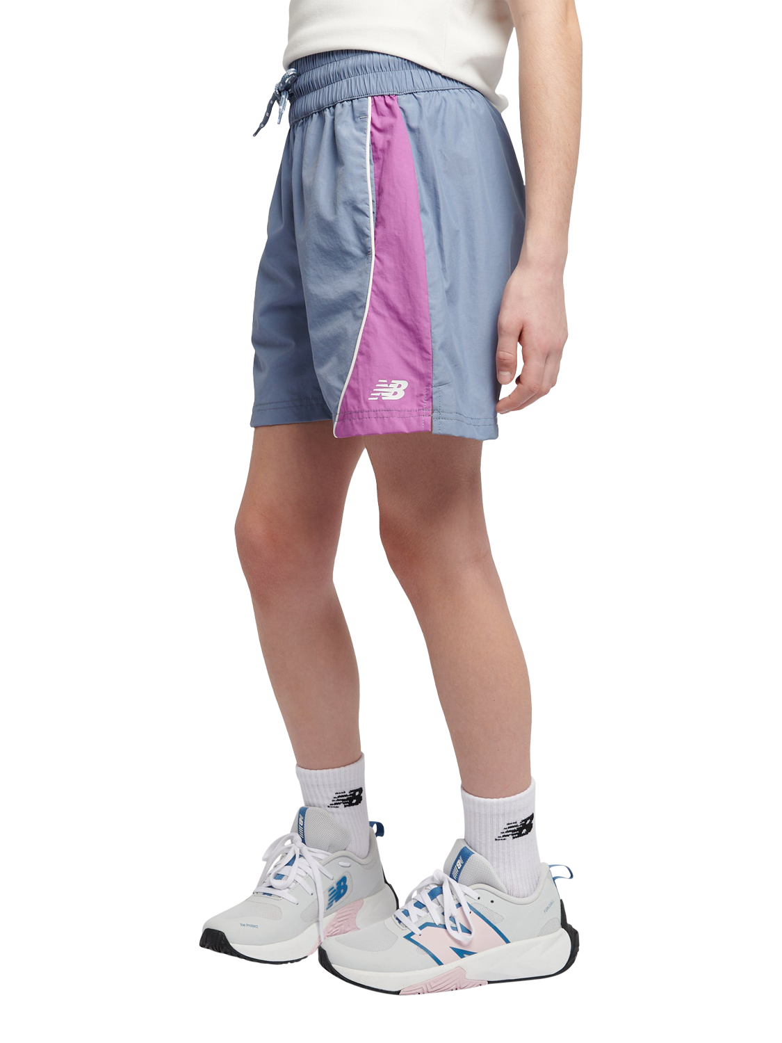 Product image 2 of 9, which shows New Balance Kids' Panelled Woven Track Shorts, Dusk Shower, 7-8 years