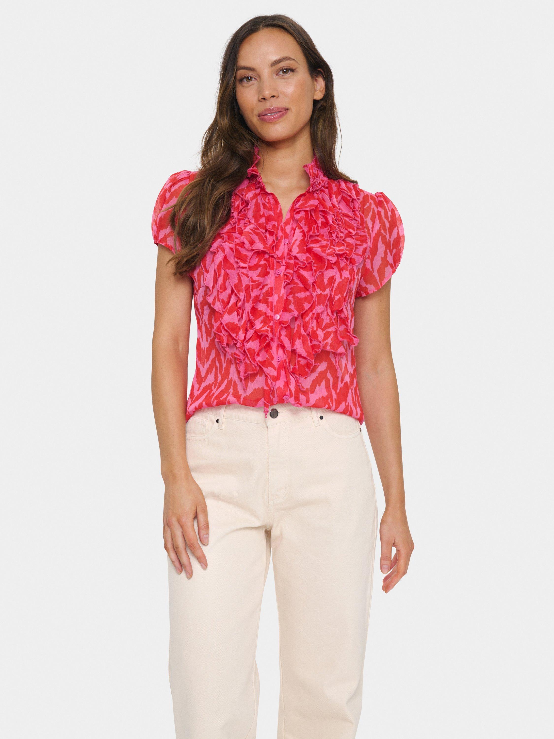 Product image 1 of 6, which shows Saint Tropez Lilja Abstract Crinkle Shirt, Pink/Multi, XS