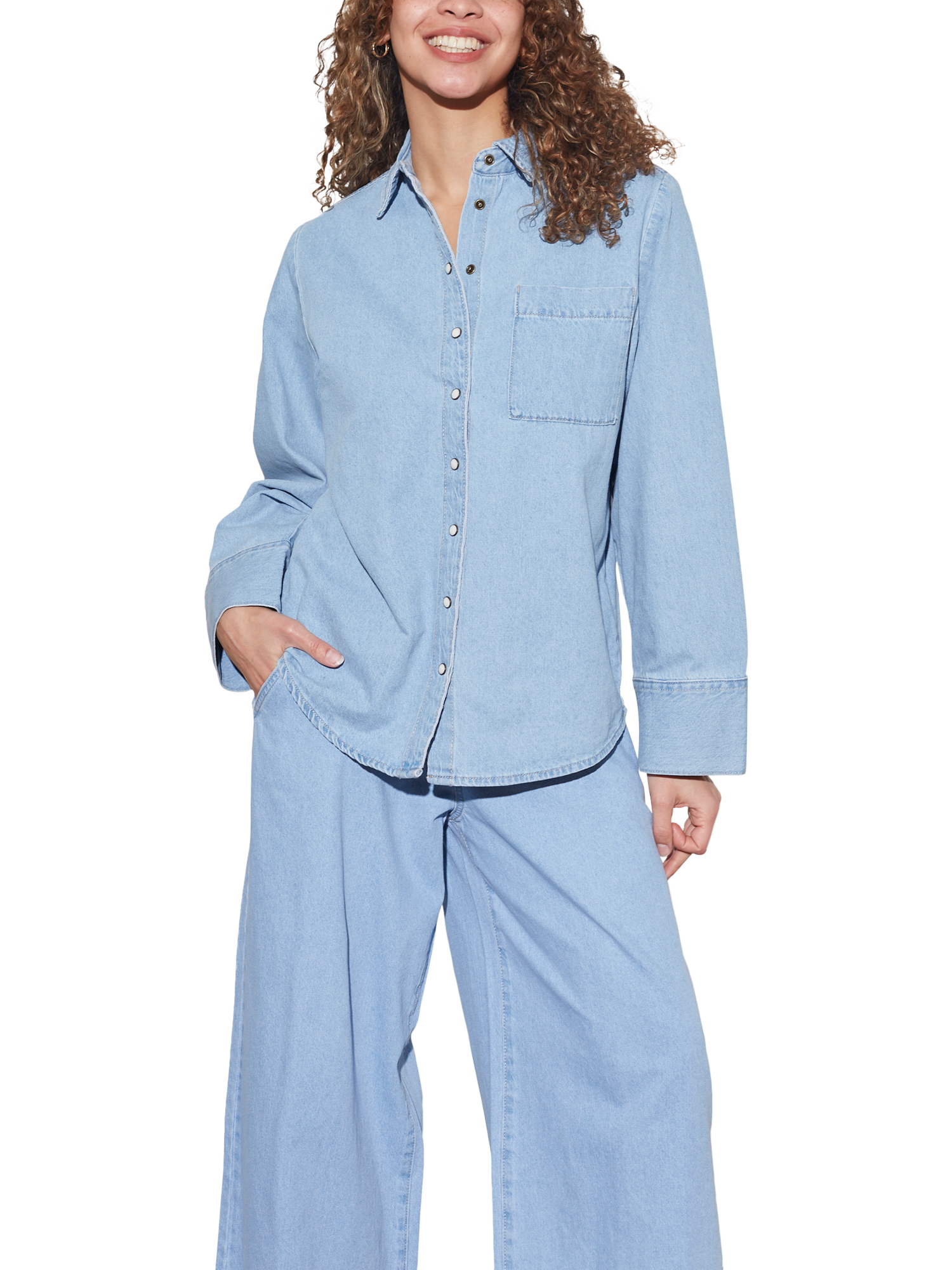Product image 1 of 4, which shows Sisters Point Osa Long Sleeve Denim Shirt, Light Blue Wash, S