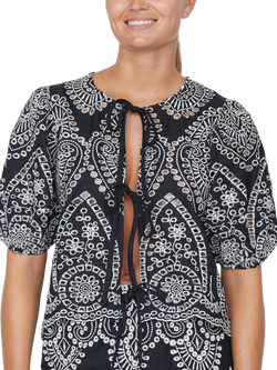 Sisters Point Nell Embroidered Tie Front Top, Black/Cream, Black/Cream