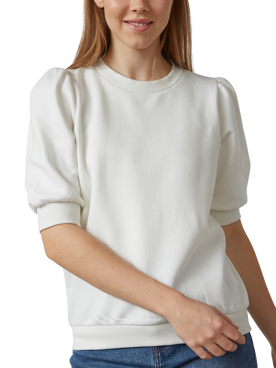 Product image 1 of 4, which shows Sisters Point Peva Short Puff Sleeve Sweatshirt, Cream, XS