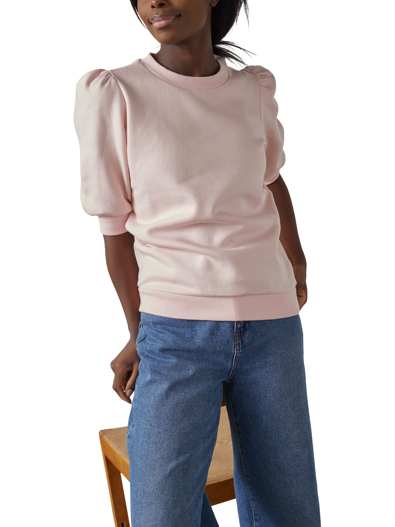 Product image 1 of 4, which shows Sisters Point Peva Short Puff Sleeve Sweatshirt, Baby Pink, XS