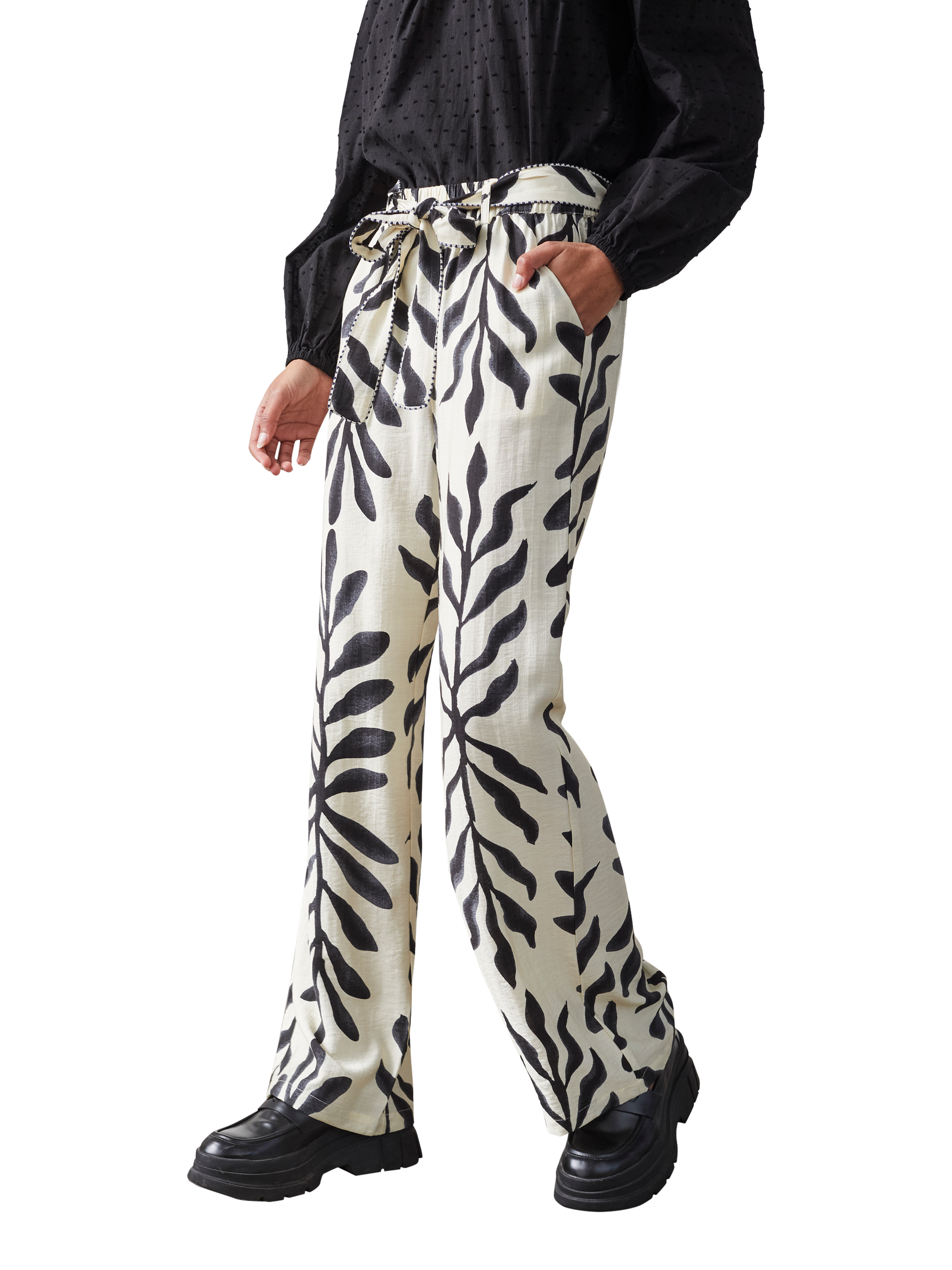 Product image 1 of 4, which shows Sisters Point Ella High Waist Wide Leg Trousers, Cream/Black, XS