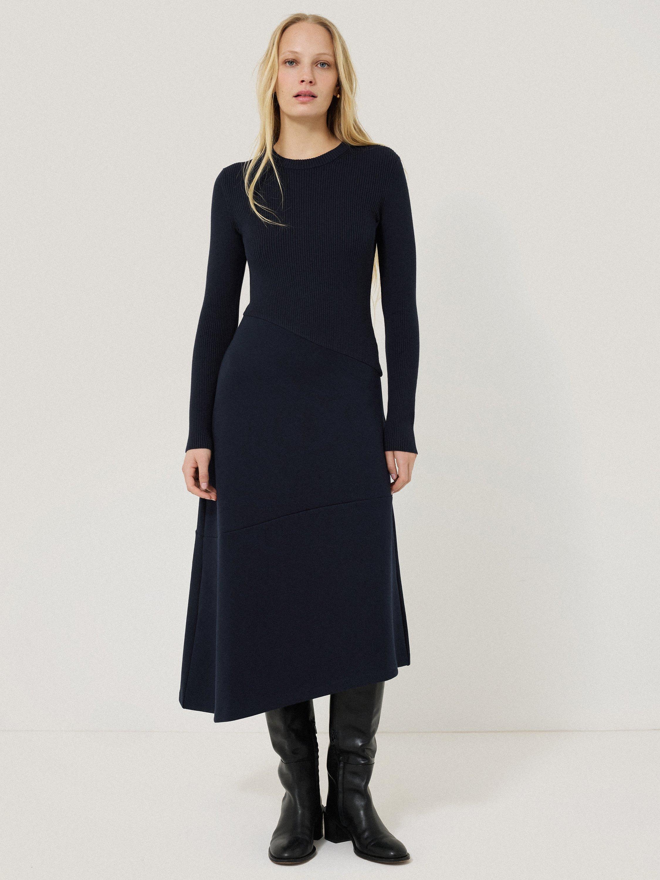Product image 1 of 4, which shows Jigsaw Knit & Jersey Dress, Navy, S
