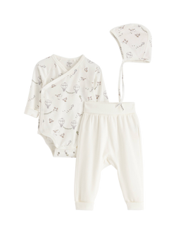 Lindex Baby 3 Piece Bodysuit, Joggers & Hat Set, Light Dusty White, Light Dusty White